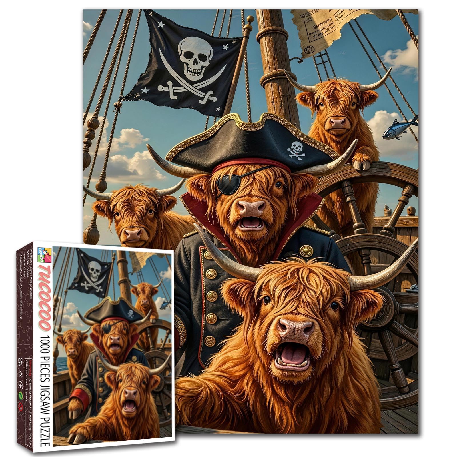 Highland Cow Pirate Puzzle Animal Pirate Jigsaw Pirate Ship Scene Humorous Art Ocean Adventure 1000 Pieces for Adults Beginner Challenging Family Activity Games DIY Crafts Puzzle for Home Decor Gifts โ image 1