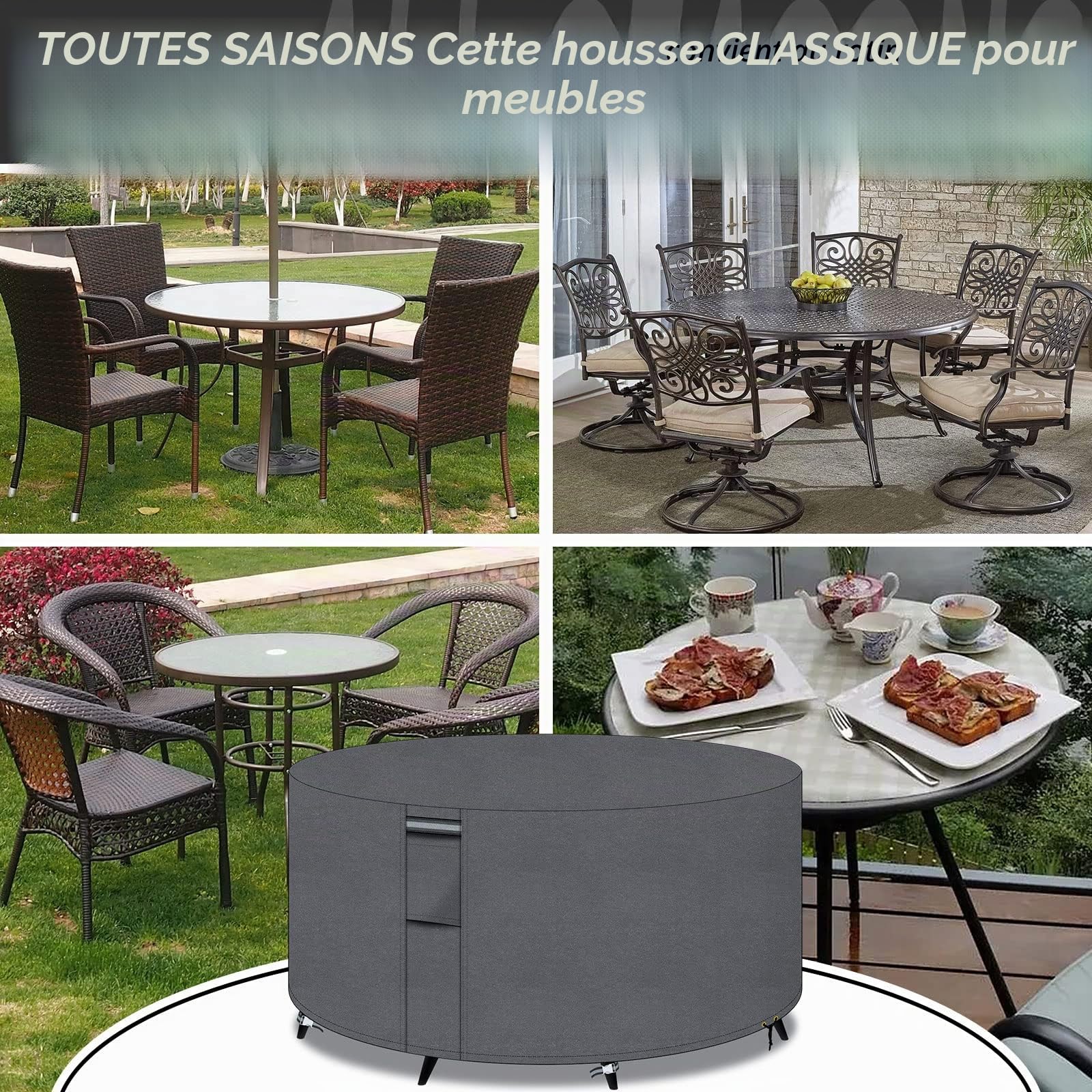 Housse de Table de Jardin Ronde avec aérations, Tissu Oxford 600D, imperméable, Coupe-Vent, Anti-UV,163x71cm,Gris