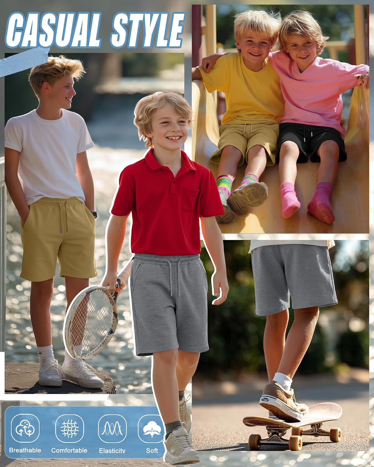 3 Pack Boy's Shorts Athletic Elastic Waist Drawstring Shorts for Kids with Pockets Summer Stretchy Casual Clothes