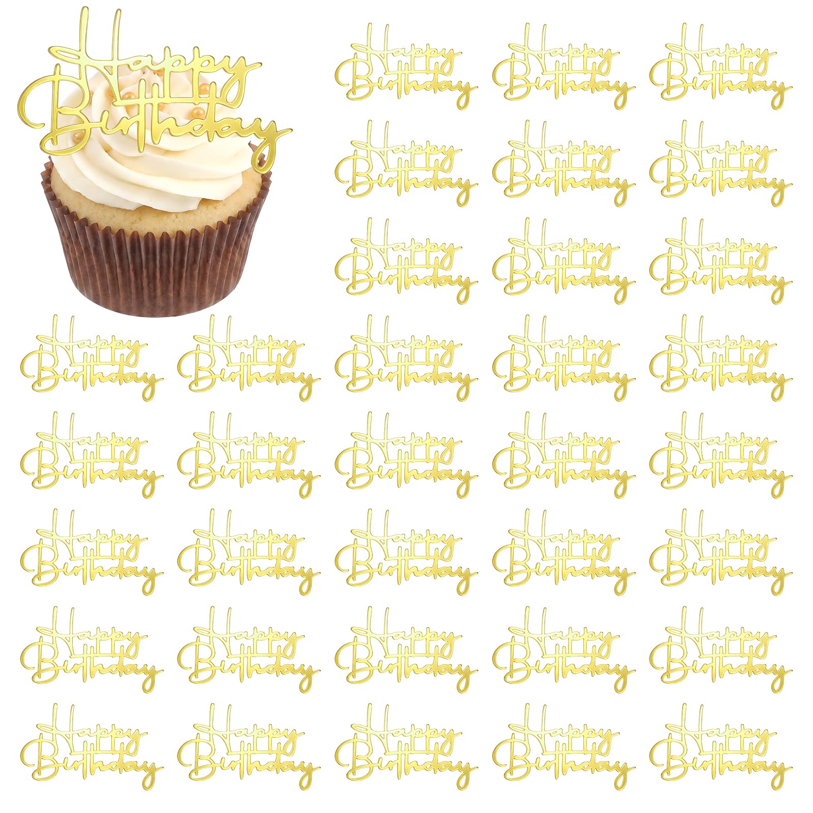 30 PCS Mirror Acrylic Cupcake Topper, Gold Happy Birthday Cake Toppers, Happy Birthday Cupcake Toppers, Happy-Birthday Cakes Sign Decorations, Cake Side Decorations (7x3.8cm)