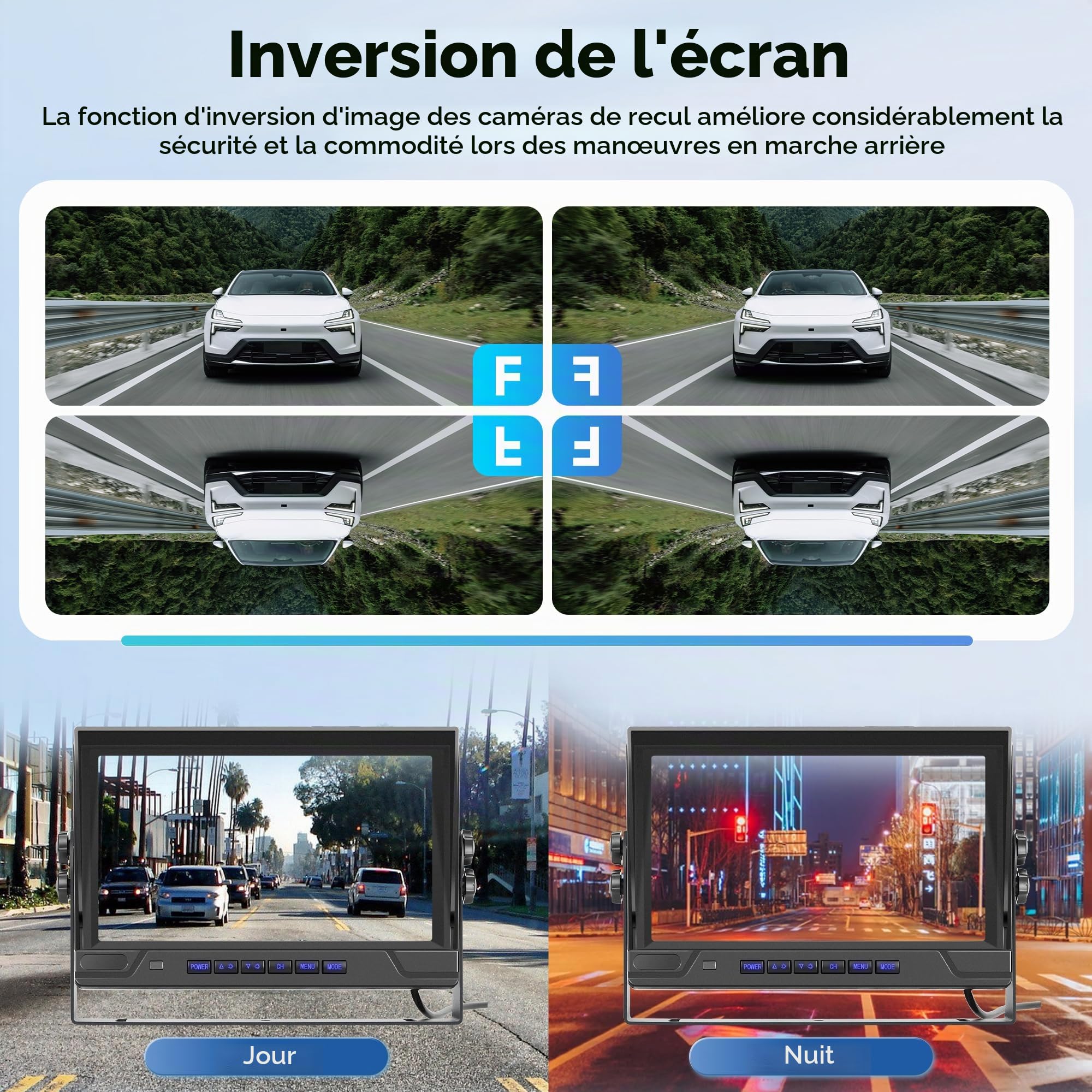 Caméra de Recul Numérique sans Fil, 2 Caméras avec Moniteur IPS 9 Pouces, Caméra de Recul étanche IP68 BSD Vision Nocturne Retournement d'image Vidéo en Boucle pour Camion/Remorque/Camping-Car/Bus