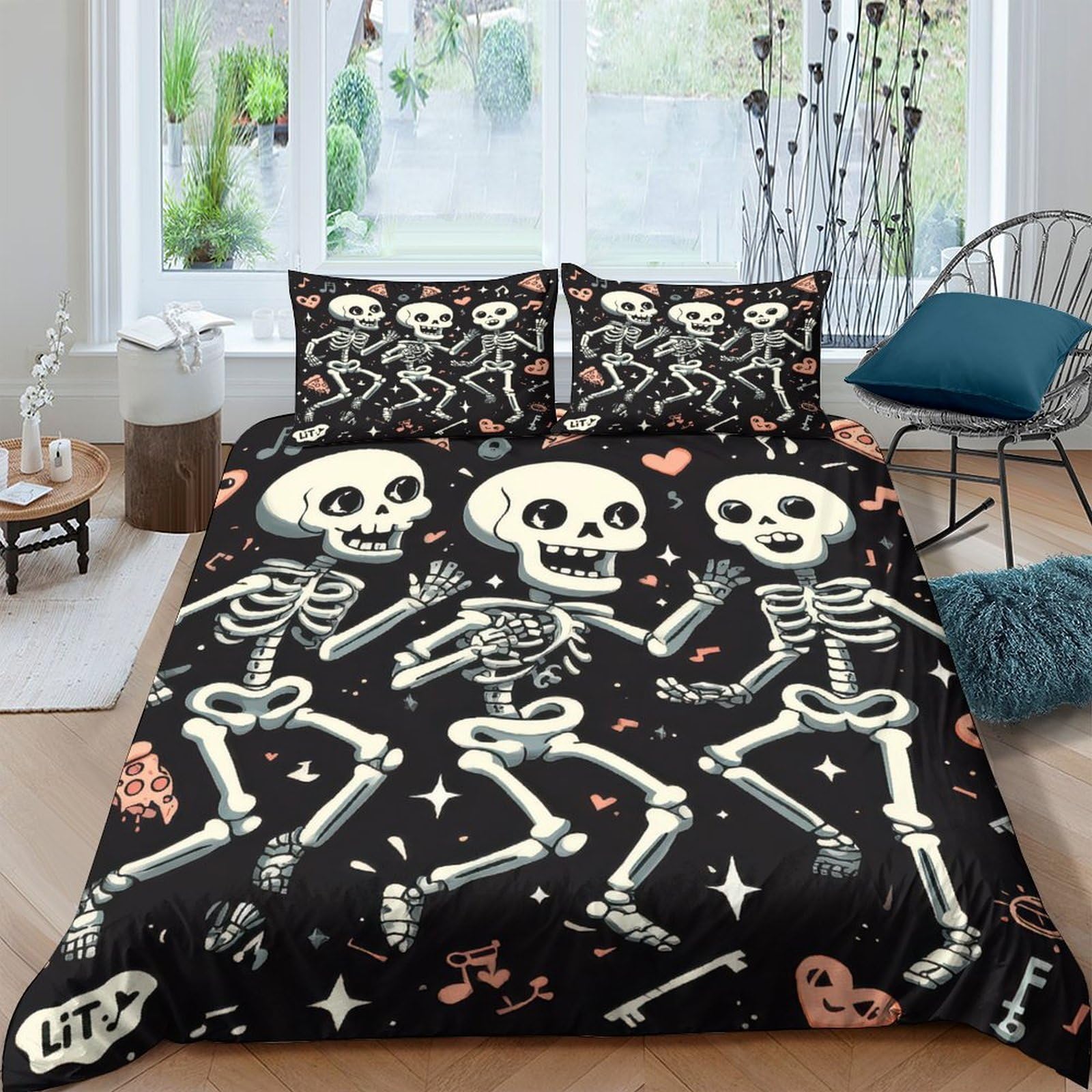 Ctjqhvkz Style-9 3D Printed Dancing Skeletons Fitted Sheet Microfiber Black Gothic Heart Pattern Mattress Cover Bedroom Decor Single（135X200cm）