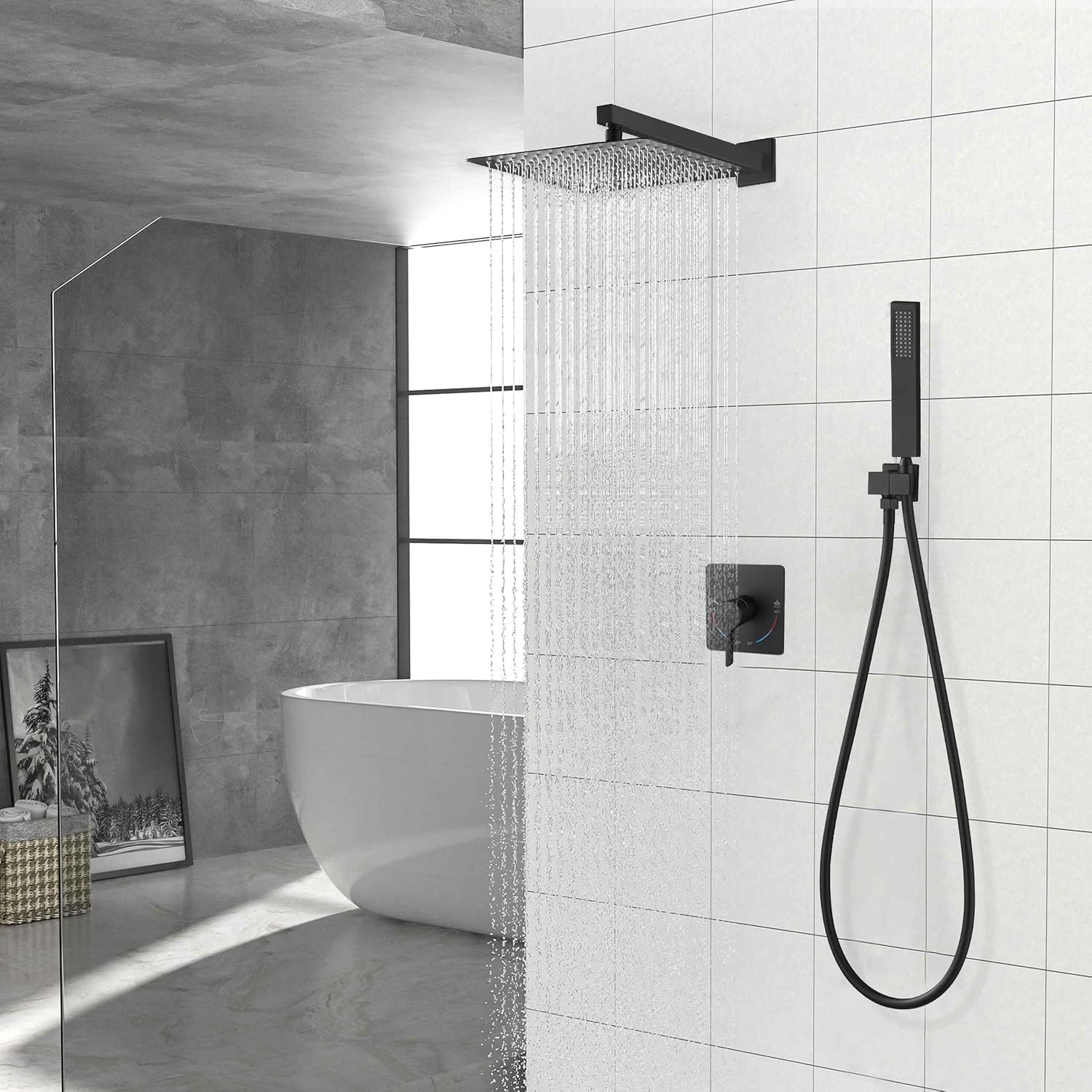Matte Black Rainfall Shower System with Shower Head and Square Handheld Shower Head,High Pressure Bathroom Luxury Rain Mixer Shower Complete Combo Set,Wall Mounted,12 Inch Rainfall Shower Head