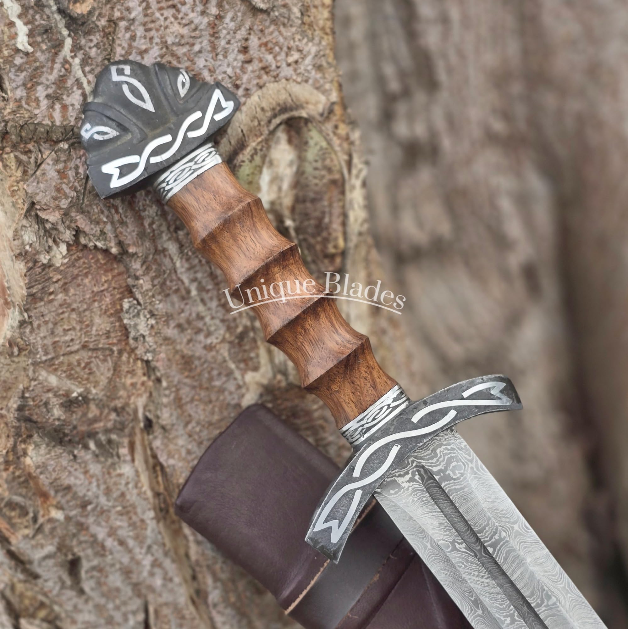 Wikinger-Schwert, 101 cm, Damaszener Stahl, Doppelschneidig mit Hohlkehle, Holz-Zink-Griff, Scheide, Mittelalter-Kollektion