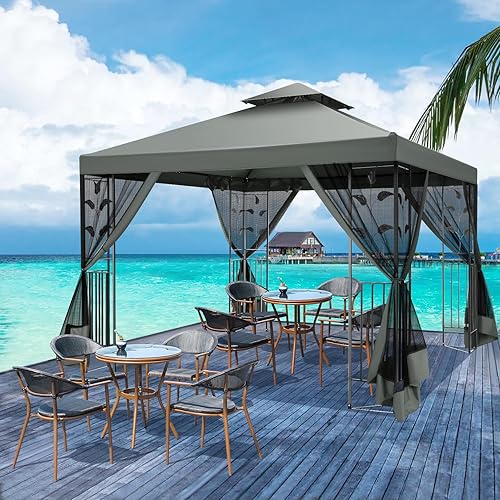 HOTEEL Gazebo de 10 x 10 pies en liquidación, kiosco para exteriores con mosquitera y techo doble, cenador de metal con marco floral de hierro,