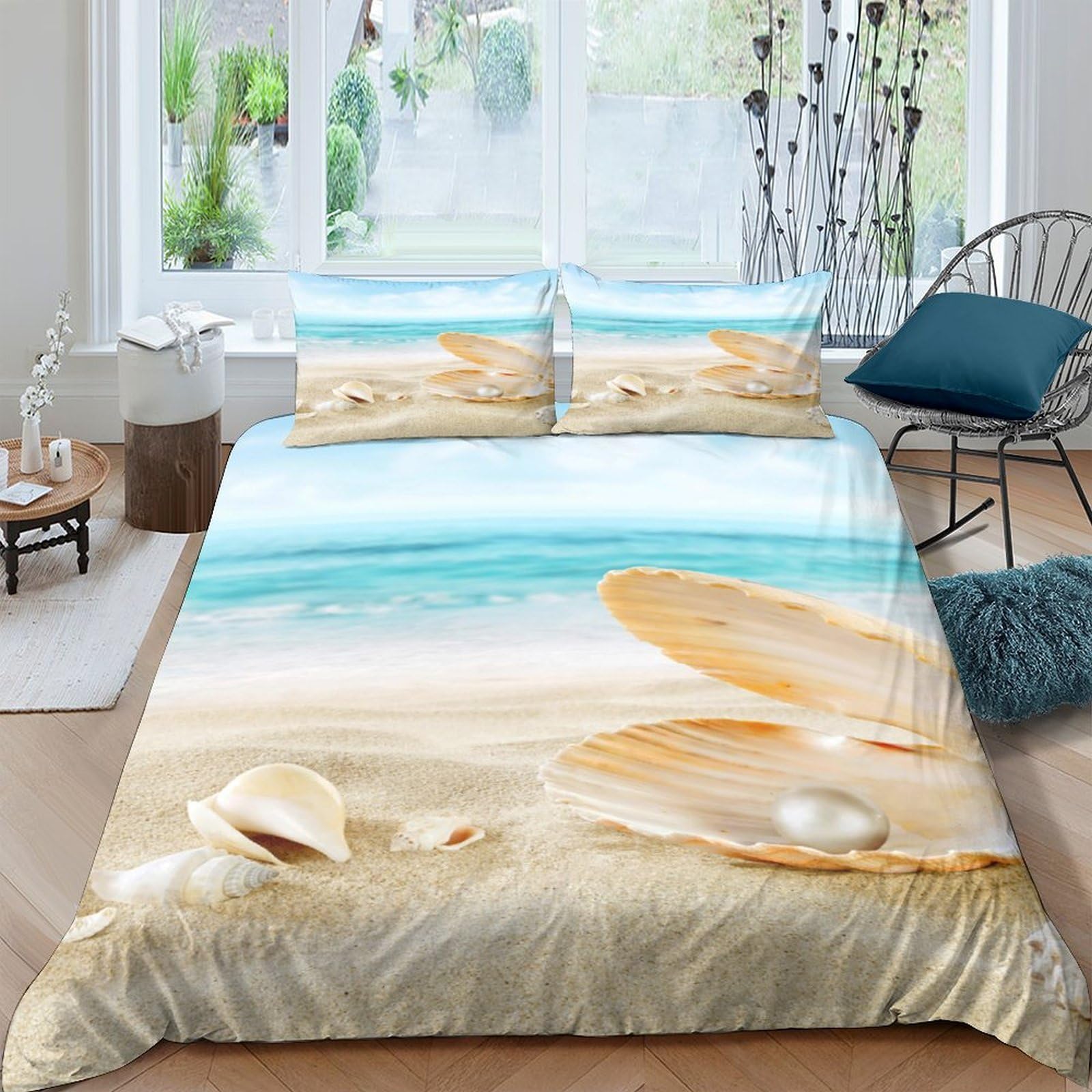 GPLZQXKJNH 3D Printed Seashell Beach Duvet Cover Set Microfiber Soft Breathable Ocean Shore Bedding Set with 2 Pillowcases for Bedroom Decor Single（135x200cm）