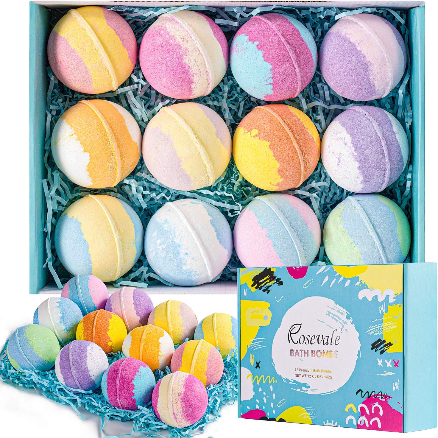 Rosevale Bath Bombs Gift Set,12 Large 5oz Bubble Bath Fizzies,Shea & Coco Butter Dry Skin Moisturize,Perfect for Bubble & Spa Kit,Best Birthday Day Gifts for Women,Her,Wife,Girlfriend,Teens Girls