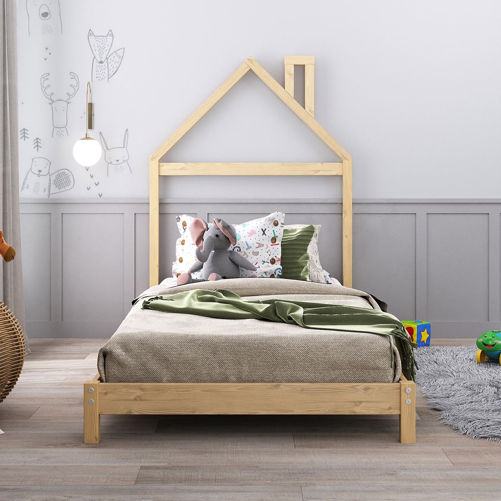 IDIMEX Kinderbett Liz 90x200 cm in Hausoptik aus Massivholz Natur - Bodenbett für einfaches EIN- und Aussteigen, Montessori Kinderzimmer
