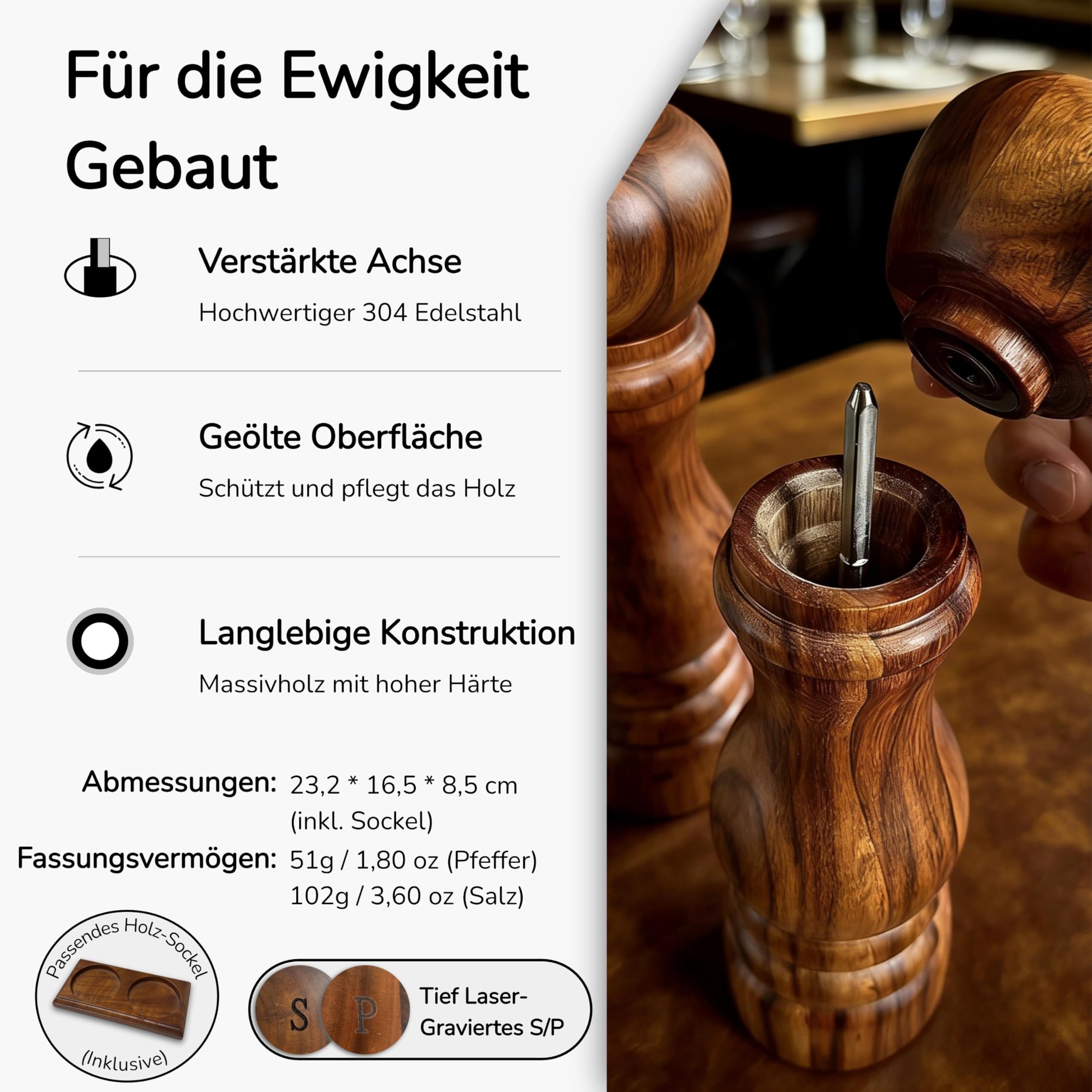 Salz und Pfeffermühle Holz Set, Pfeffer und Salzmühle mit Keramikmahlwerk & Edelstahlkern, Außen einstellbarer Mahlgrad, Manuelle Pfeffermühle, 23 cm (Akazienholz)