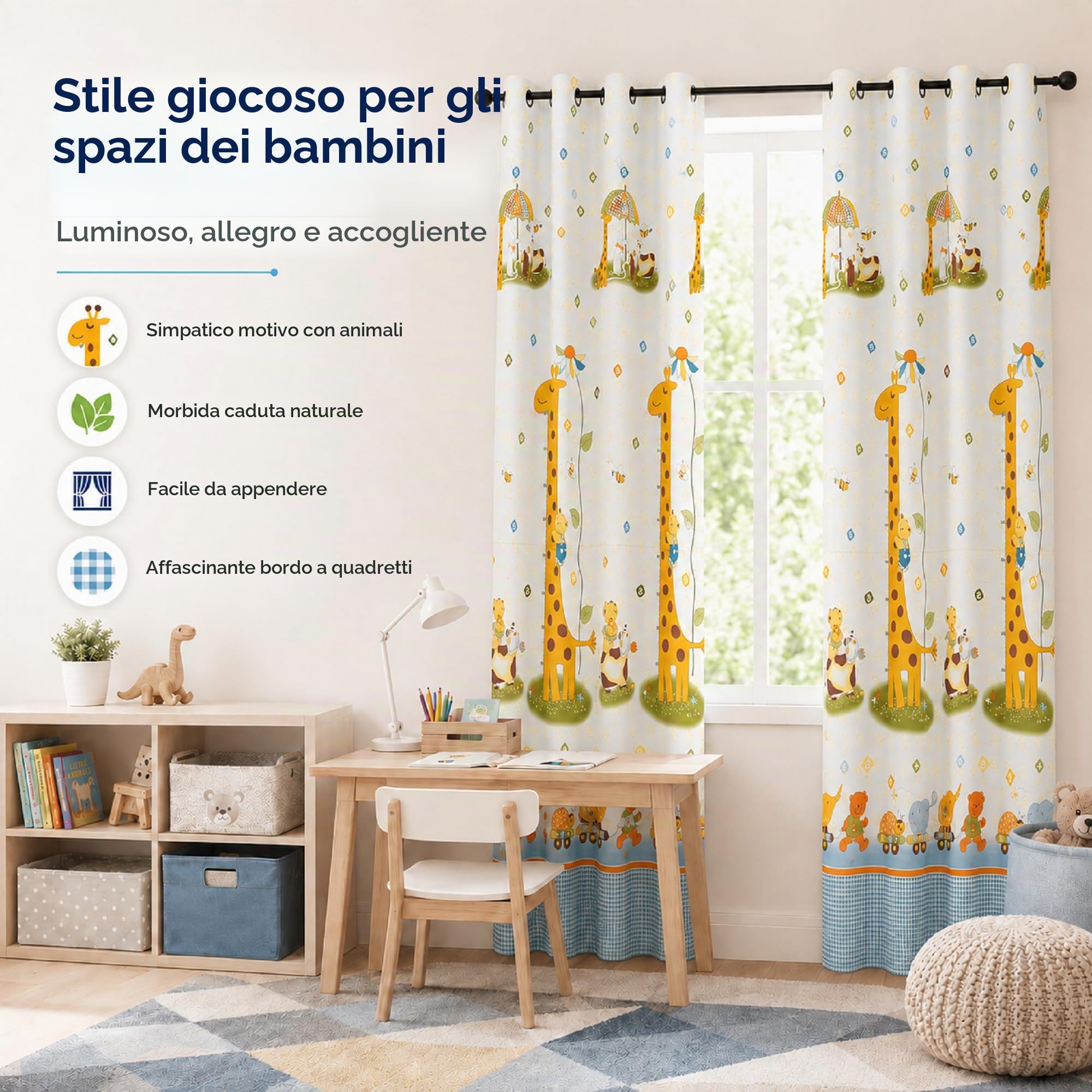 VKZ Set 2 Tende per Cameretta Bambini con Occhielli, Pannelli Tenda Filtranti per Camera da Letto Bambini e Finestra, Fantasia Giraffa Animali Trenino