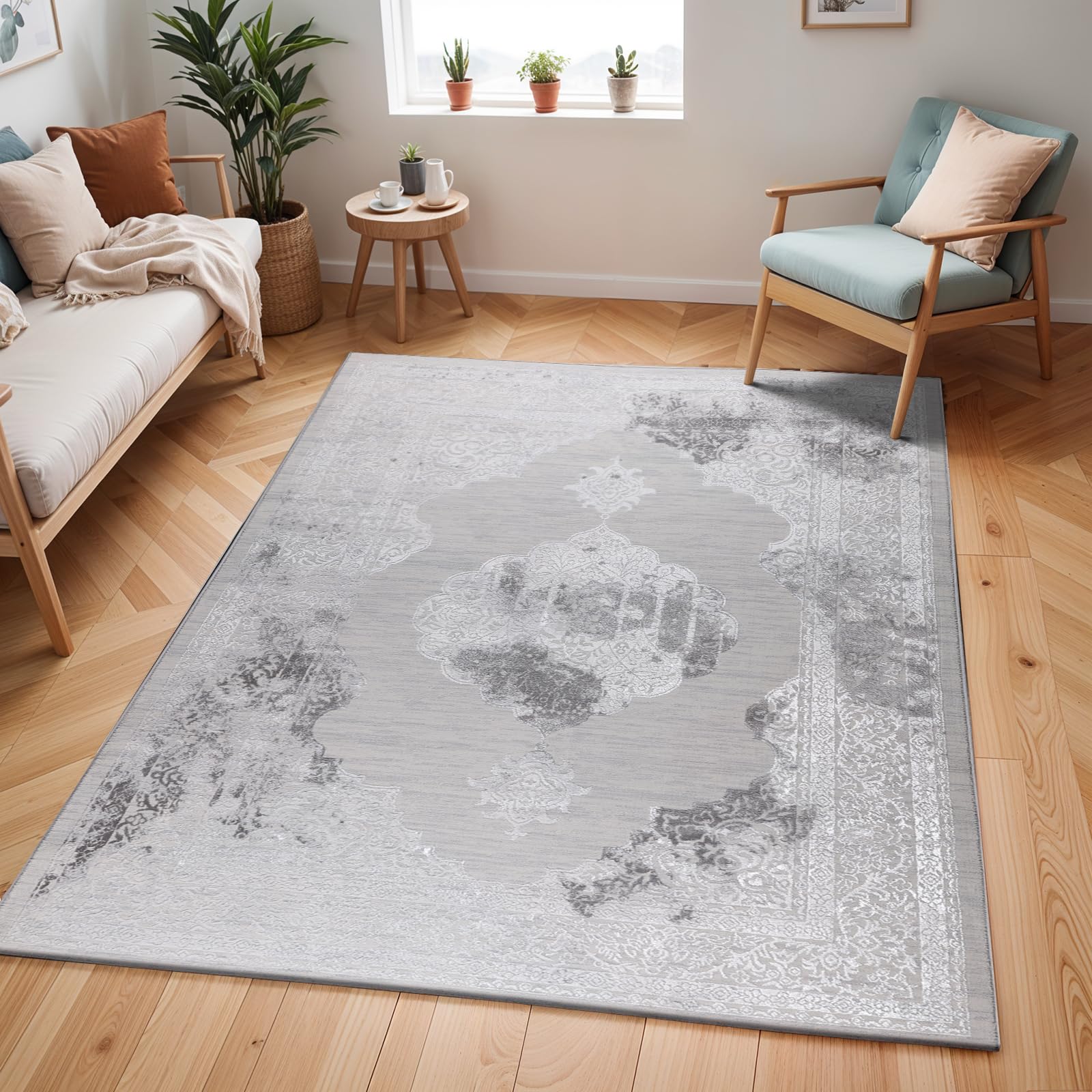 Livabliss Lustro-Vintage Grey Off-White Beige Traditional Boho Living Dining Bedroom Rug 200 X 275 Cm Easy CareNon Shedding from B&Q