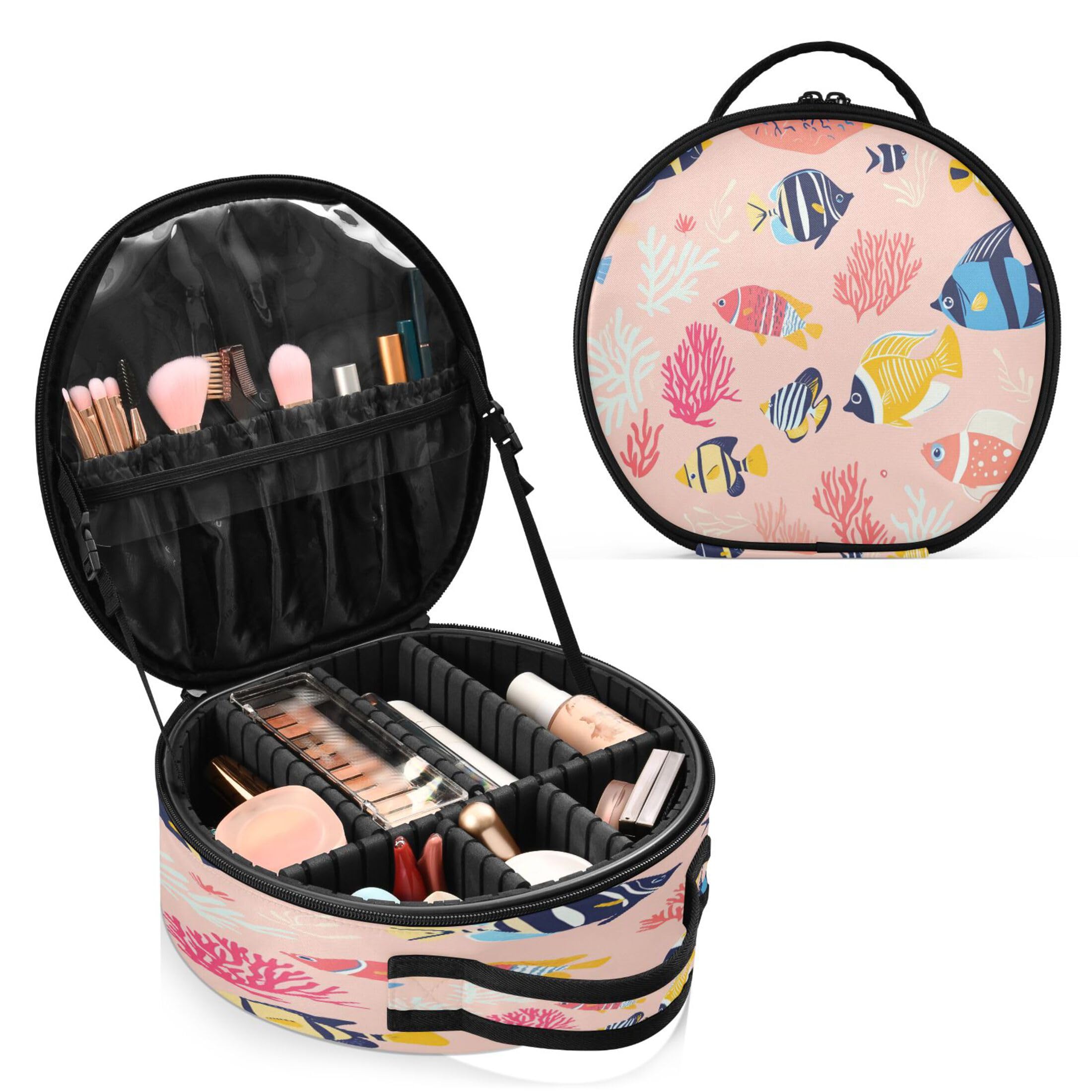 Takiito Colorful Tropical Fish Coral Travel Makeup Case Portable Makeup Box Artist Cosmetic Case Organizer With Adjustable Dividers
