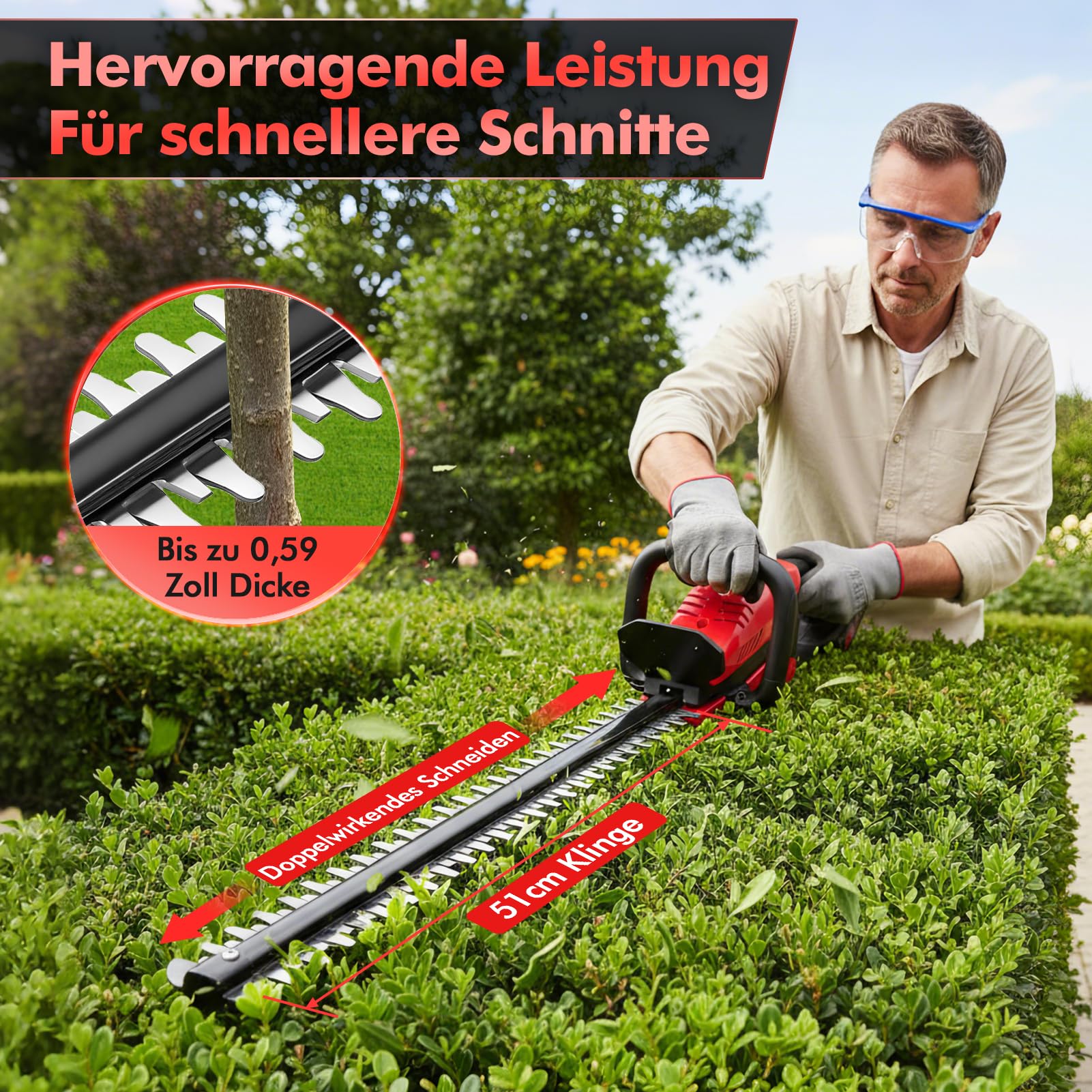 Akku Heckenschere Profi Hecken & Strauchschere, Leicht Akku Heckenschere Elektrisch mit akku und Ladegerät, 50cm Schnittlänge, Schnittstärke 15mm Dual Schnittklingen Verstellbarer Griff