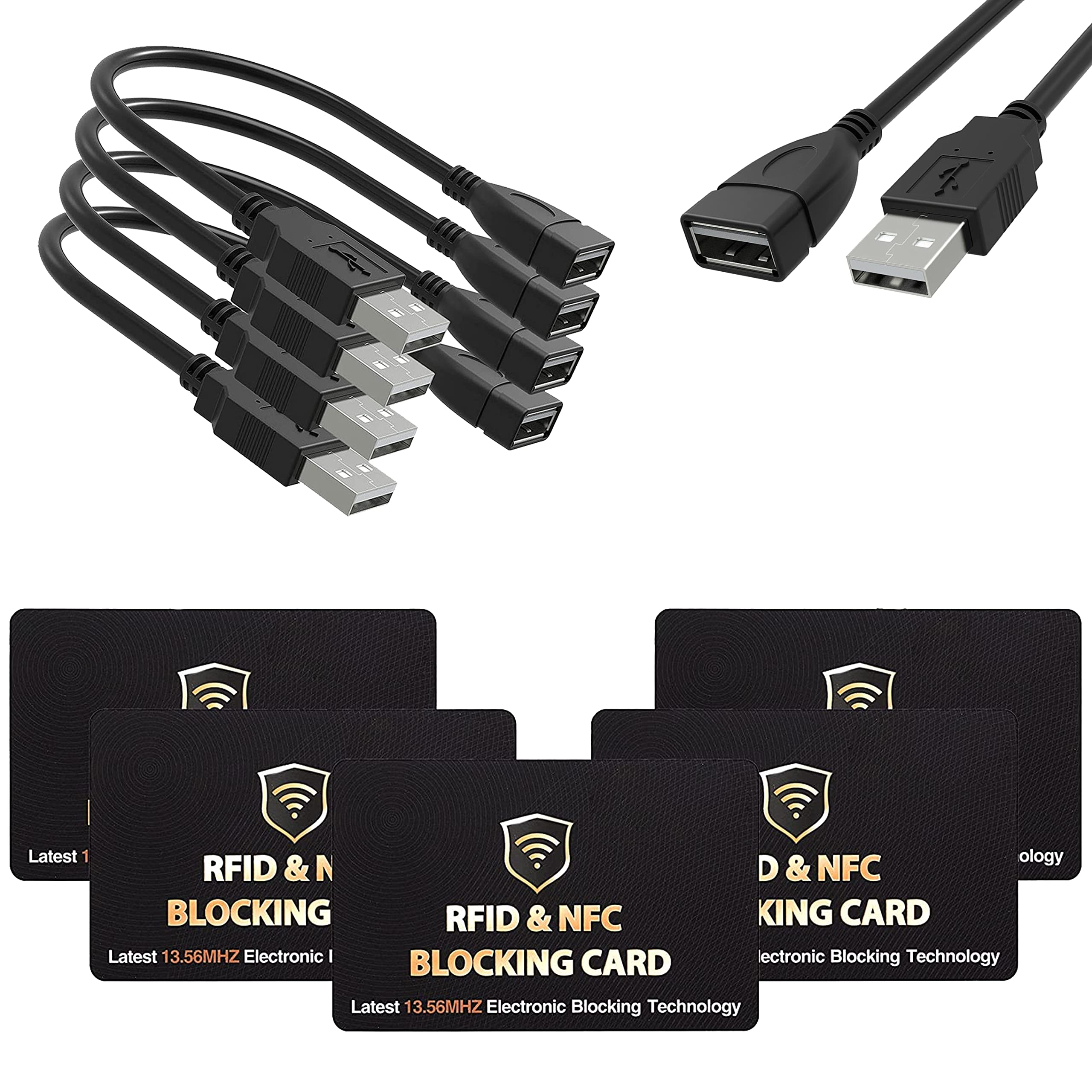 SaiTech IT 4 Pack (15cm - 6inch) USB 2.0 Extension Cable, Flexible USB 2.0 Male to Female Extension Bundle with 5 Pack RFID Blocking Card, One Card Protects Entire Wallet Purse for Men & Women