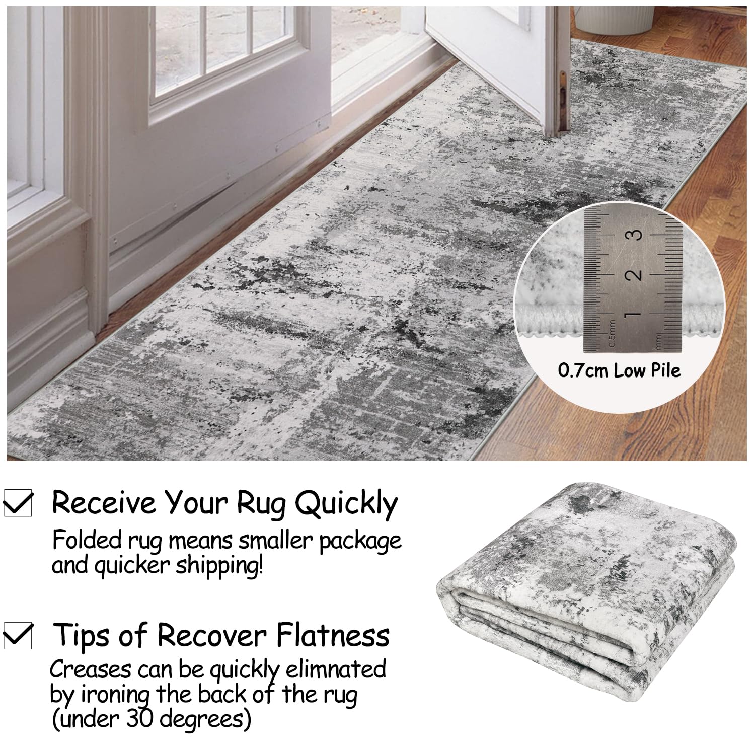 Cekene Carpet Runners for Hallways Non-slip Grey 65x180cm Washable Kitchen Rug Distressed Hallway Runner Mat Low Pile Floor Carpet for Entrance Bathroom Laundry Bedroom - Image 4