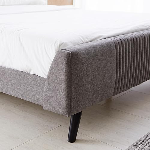 Miniatura 7 de Livinia Sunset - Cama de plataforma con respaldo de alas, base de cama tapizada de tela con cabecera de canal vertical, listones de madera fuertes,