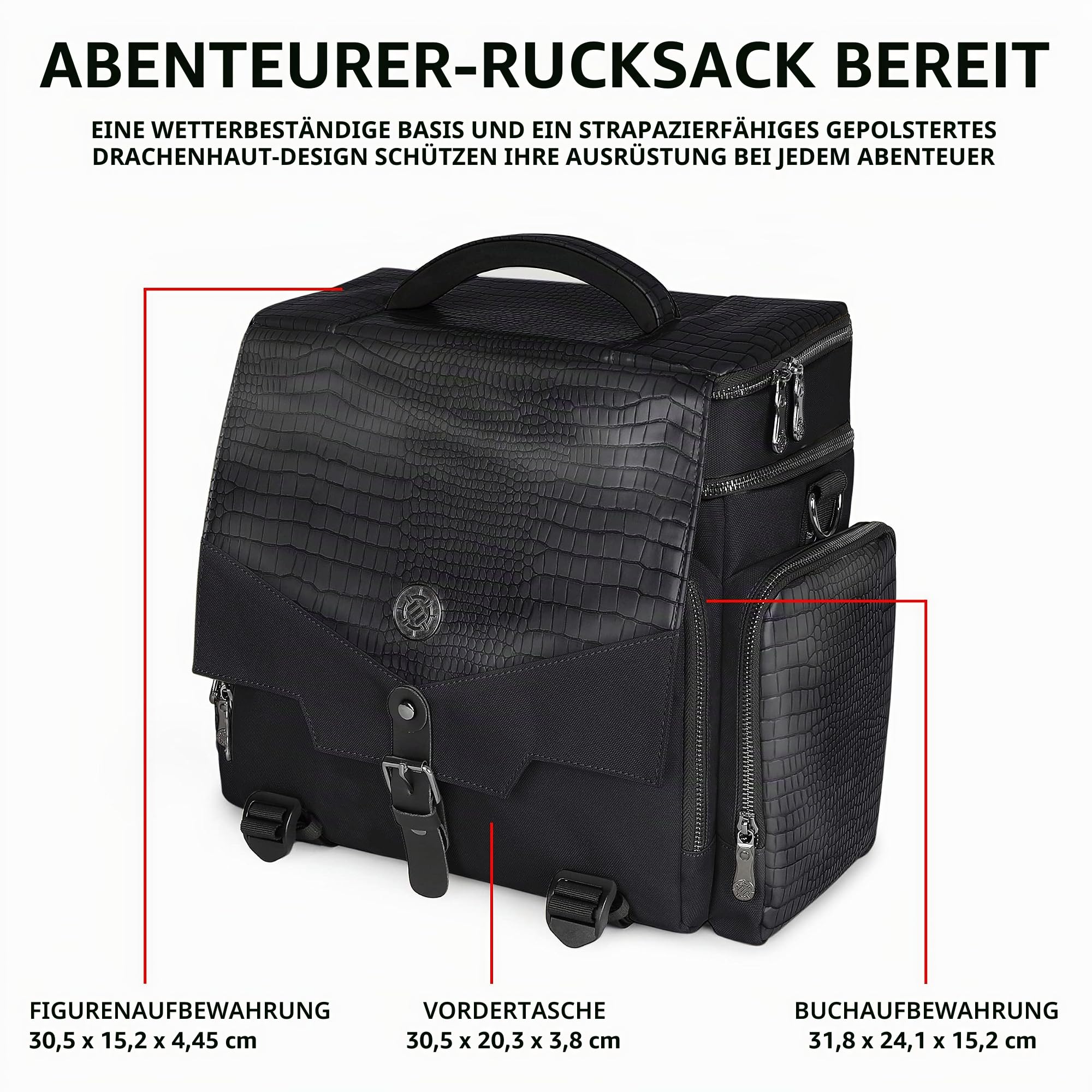ENHANCE Tabletop RPG-Tasche des Abenteurers, Sammleredition - DND-Tasche mit Tabletop-Miniaturen-Aufbewahrung, Mattenhalter, DND-Würfel- und Token-Taschen, passend für 4-8 Bücher (Drachen Schwarz)