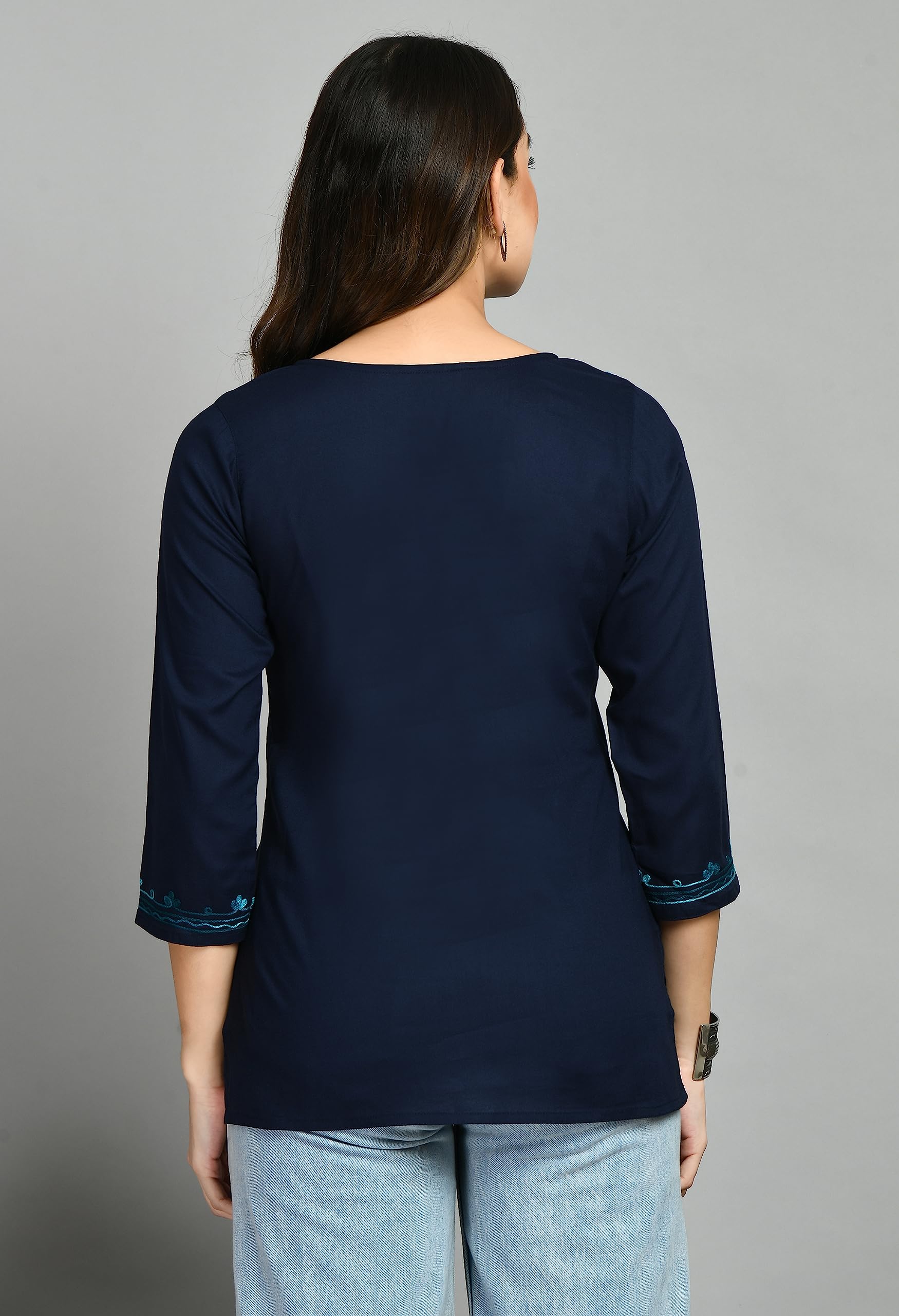 QAZMI Women's Menaal Kashmiri Embroidered Kurti | Tunic Tops_M Navy Blue 4