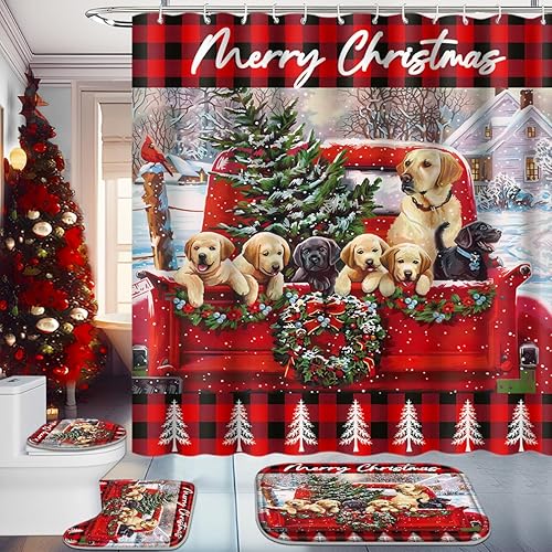 Miniatura 9 de Poedist Juego de 4 piezas de decoración navideña para baño, juego de cortinas de ducha de Navidad, juegos de cortinas de ducha de Navidad con