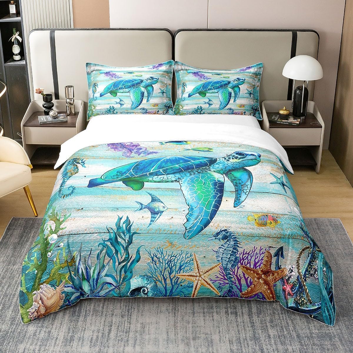 100% Organic Cotton Coastal Duvet Cover Double,Summer Sea Turtle Jellyfish Bedding Set for Boys Girls,Tropical Starfish Coral Comforter Cover,Farmhouse Wooden Barn Bed Sets with 2 Pillowcases