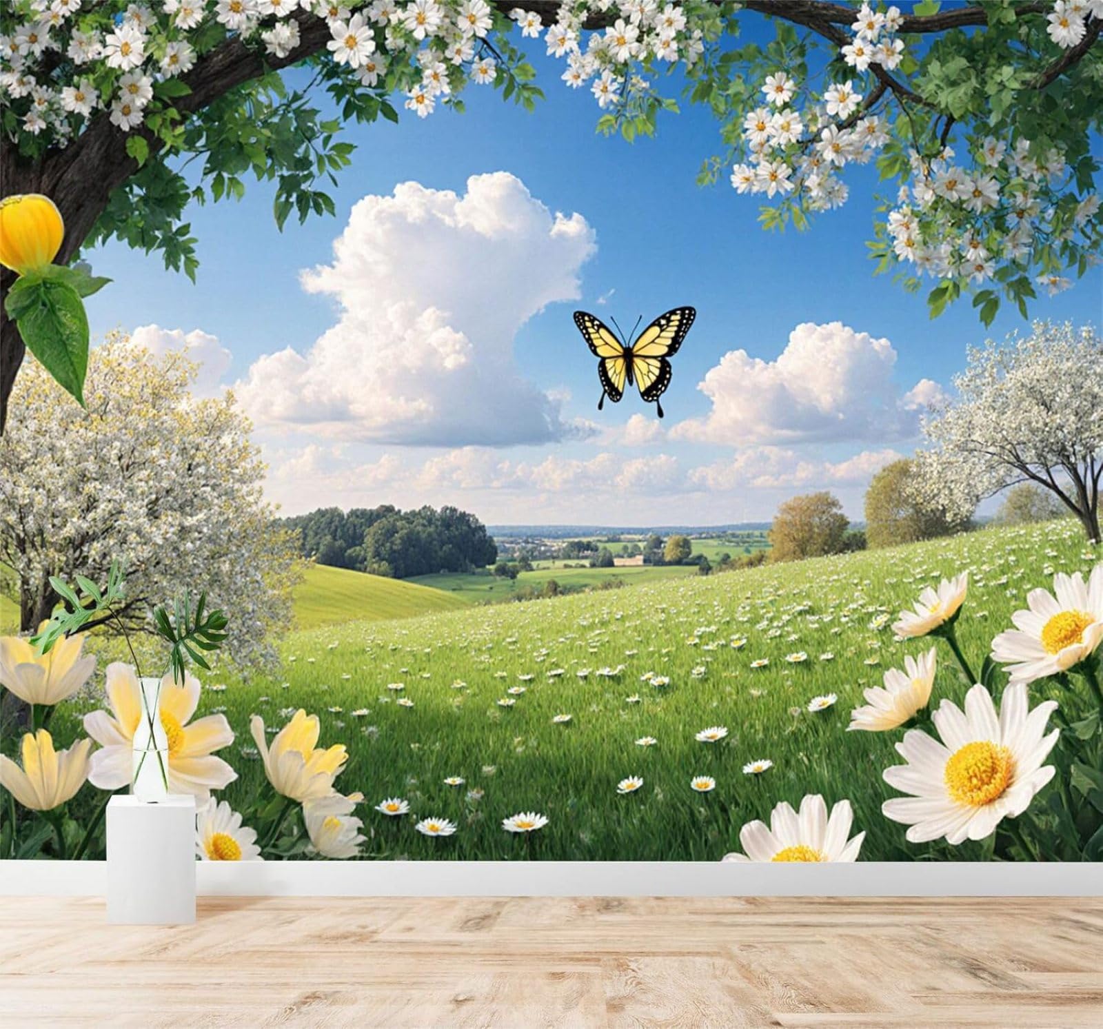 Tzxztt 150Cm×105Cm(B×H) Spring Grass Butterflies Flowering Trees Blue Sky Modern 3D Wallpaper Premium Textured Silk Neutral Tones Material Ideal For Living Room Bedroom-150Cm×105Cm