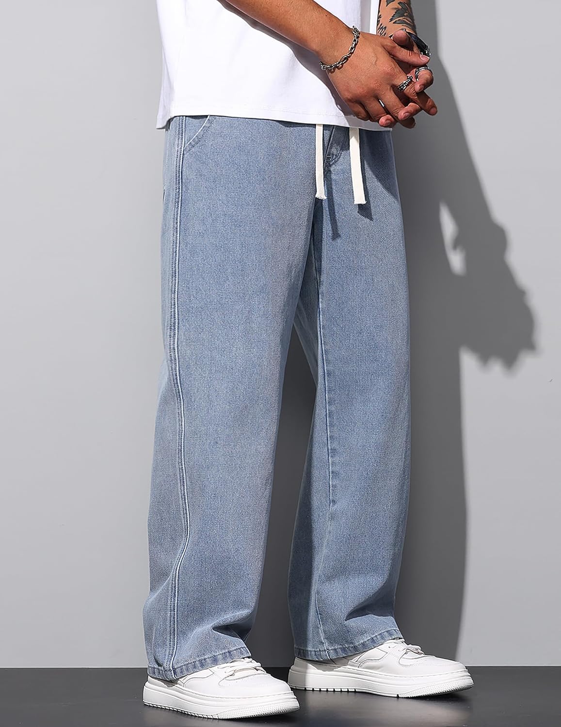 Men's Casual Jeans Regular Fit Denim Pants Straight Leg Jeans Elastic Waist Drawsting Trousers Blue L - Image 4