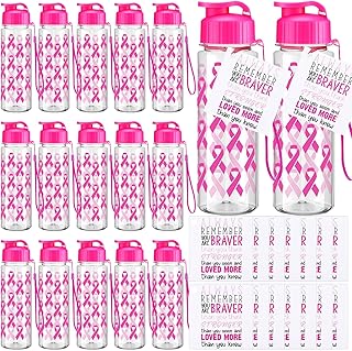 15 Pcs Breast Cancer Awareness Gift Plastic Cup with Pink Ribbon 17oz Sport Water Bottle with Inspirational Cards Pink Ribbon Cups for Women Breast Cancer Survival Gifts Supplies(Classic Color)