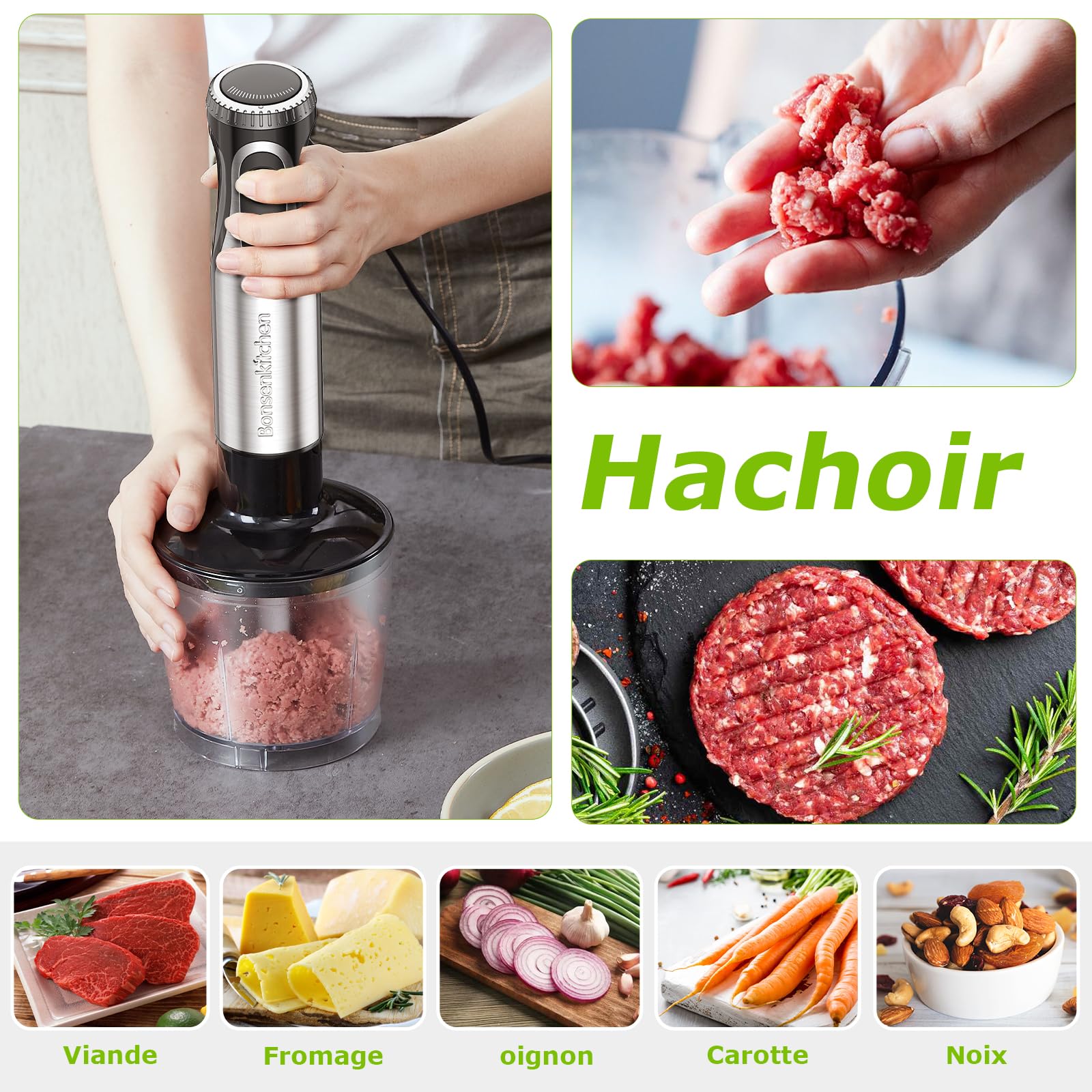 Bonsenkitchen Mixeur Plongeant, 4-en-1 Mixeur Plongeur Multifonction 1000W, 20 Vitesse Réglable, avec Fouet, Hachoir de 500ml et Verre Doseur 700 ml, Robot de Cuisine (HB3203)