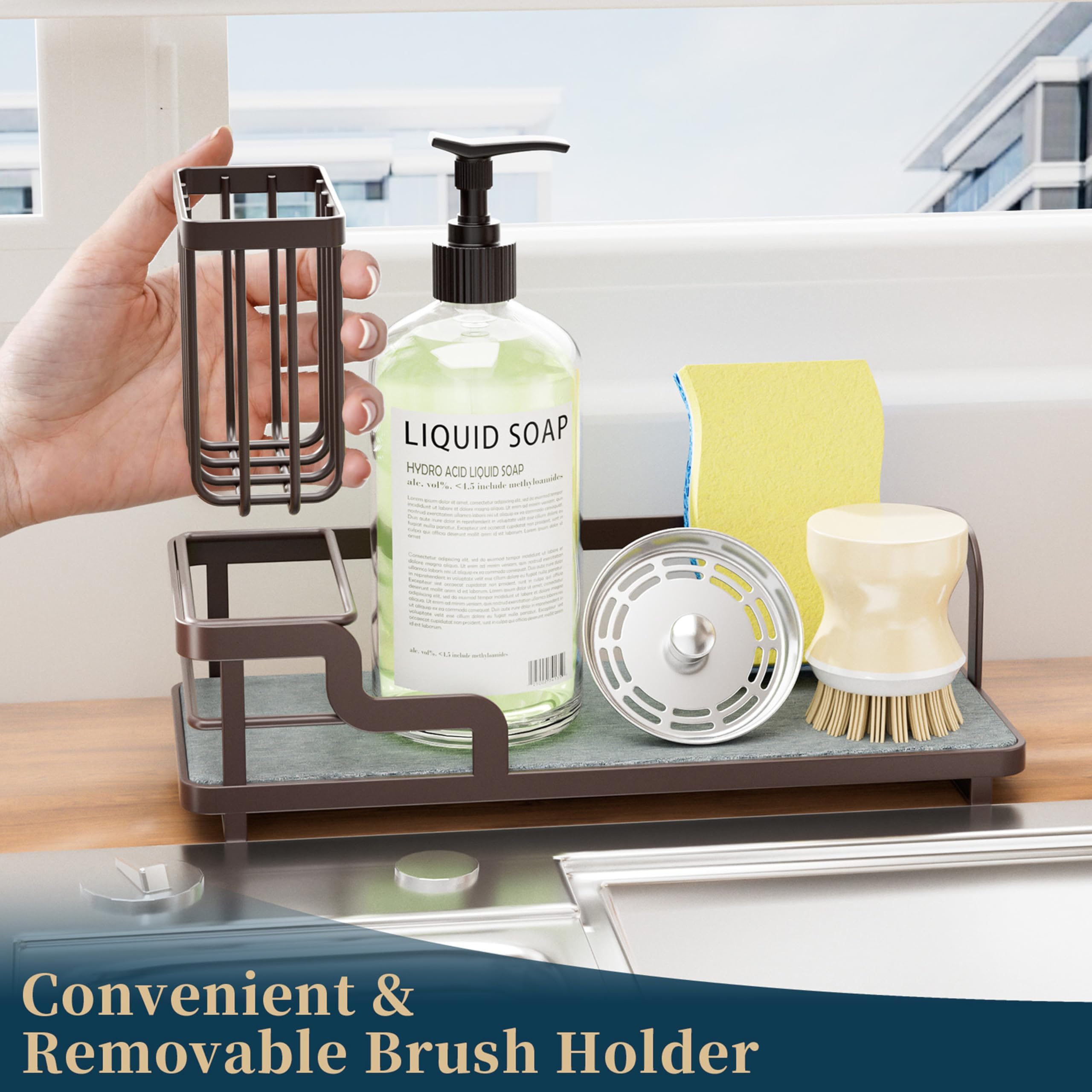 Consumest Schwammhalter für Küchenspüle – Spülbecken-Caddy Organizer mit wasserabsorbierender Steinablage, abnehmbarer Bürstenhalter, Edelstahl-Küchentheken-Organizer, Rack, Bronze