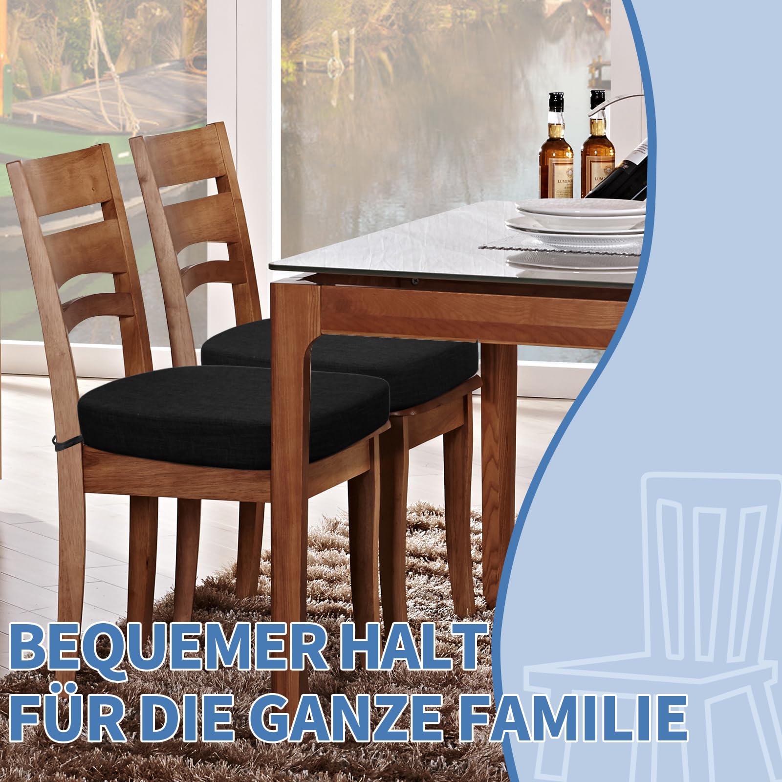 BUYUE Stuhlkissen 6,5 cm dick, U-Form Sitzkissen 40x40 cm mit hochdichtem Schaumstoff, Stoffbezug, rutschfestes Sitzpolster für Küche und Esszimmer (4 Stück, Schwarz)