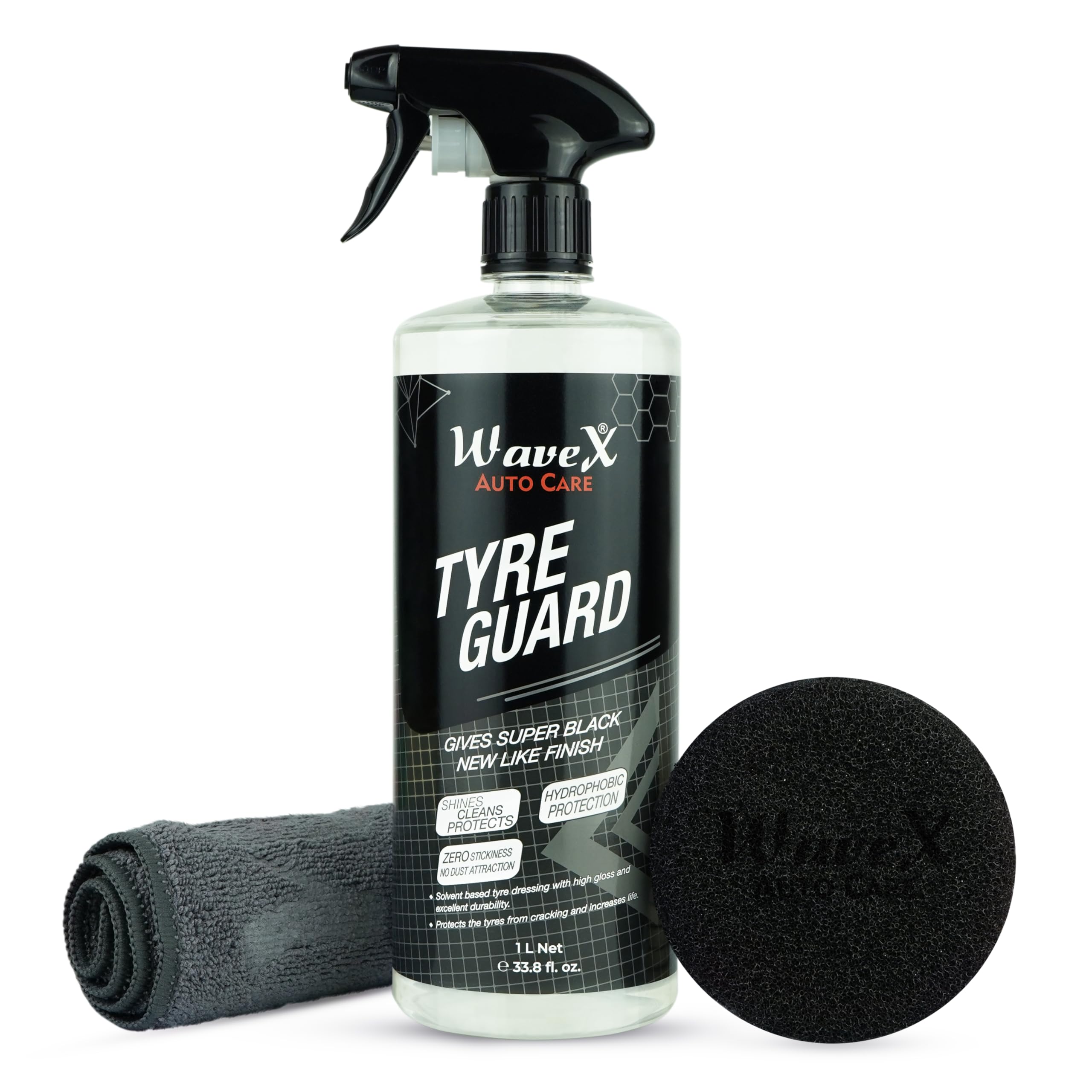 Wavex Tyre Polish for Car and Bike (1L) | With Black Foam Applicator and Microfiber Cloth| Gives Lustrous Dark, Long Lasting Super Black Shine - Non-Greasy, Super Hydrophobic