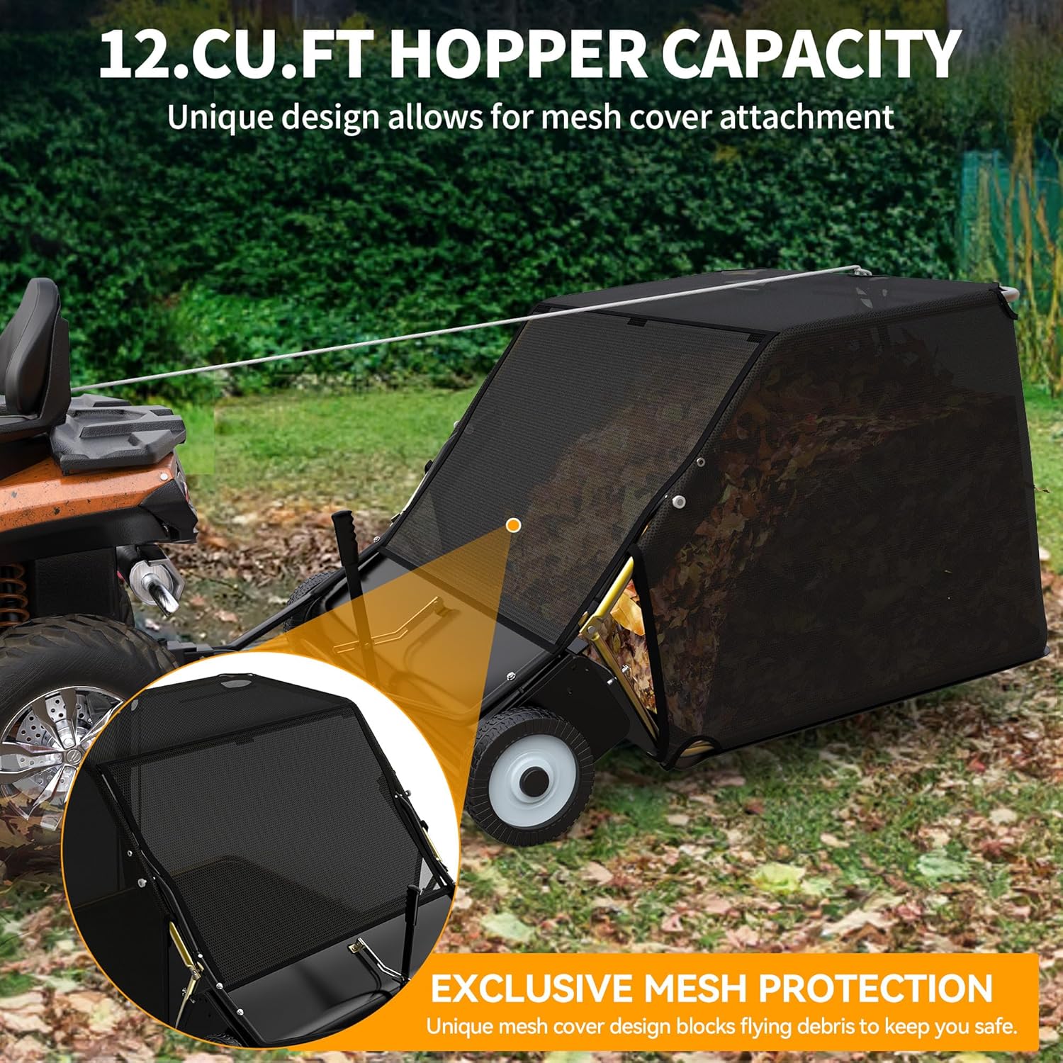 YINTATECH Tow-Behind Lawn Sweeper,42" Pull Behind Heavy-Duty Garden Sweeper with Hopper Bag,Grass Collector,Adjustable Brush Height,Anti-Splash Cover,Dumping Rope from Seat Handle for Yard Lawn