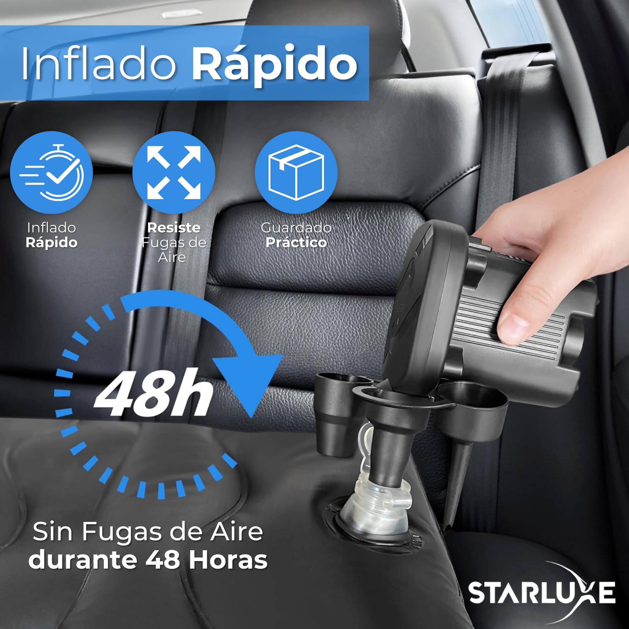 Colchón para Coche Negro con Bomba de Aire Eléctrica - Cama Hinchable para Asientos Traseros