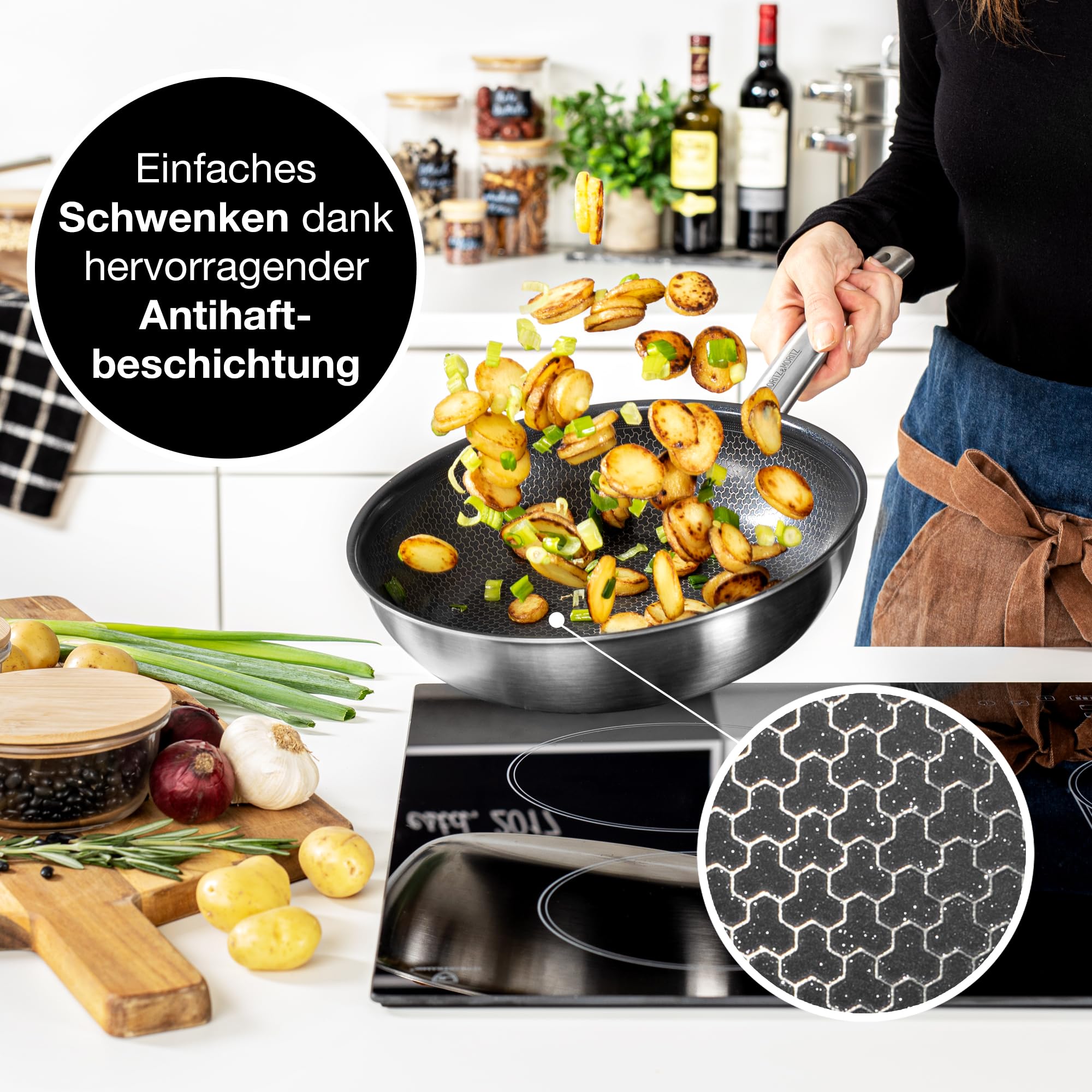 Moritz & Moritz Edelstahlpfanne Wabenstruktur 28cm mit Keramikbeschichtung der neuesten Generation - für alle Herdarten geeignet - Antihaft Pfanne mit rundem Rand zum Kochen, Braten und Schmoren