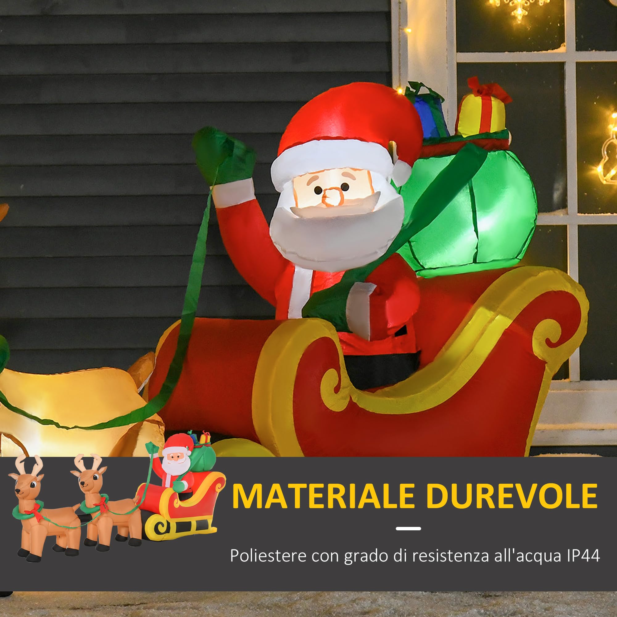 HOMCOM Babbo Natale Gonfiabile con Slitta e 2 Renne a LED 240x57x112cm