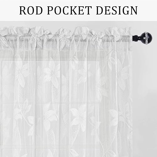 Miniatura 2 de DWCN Paquete de 2 cenefas de encaje floral para cocina, 52 x 18 pulgadas, con bolsillo para barra, cortina de gasa para ventana pequeña, cocina,