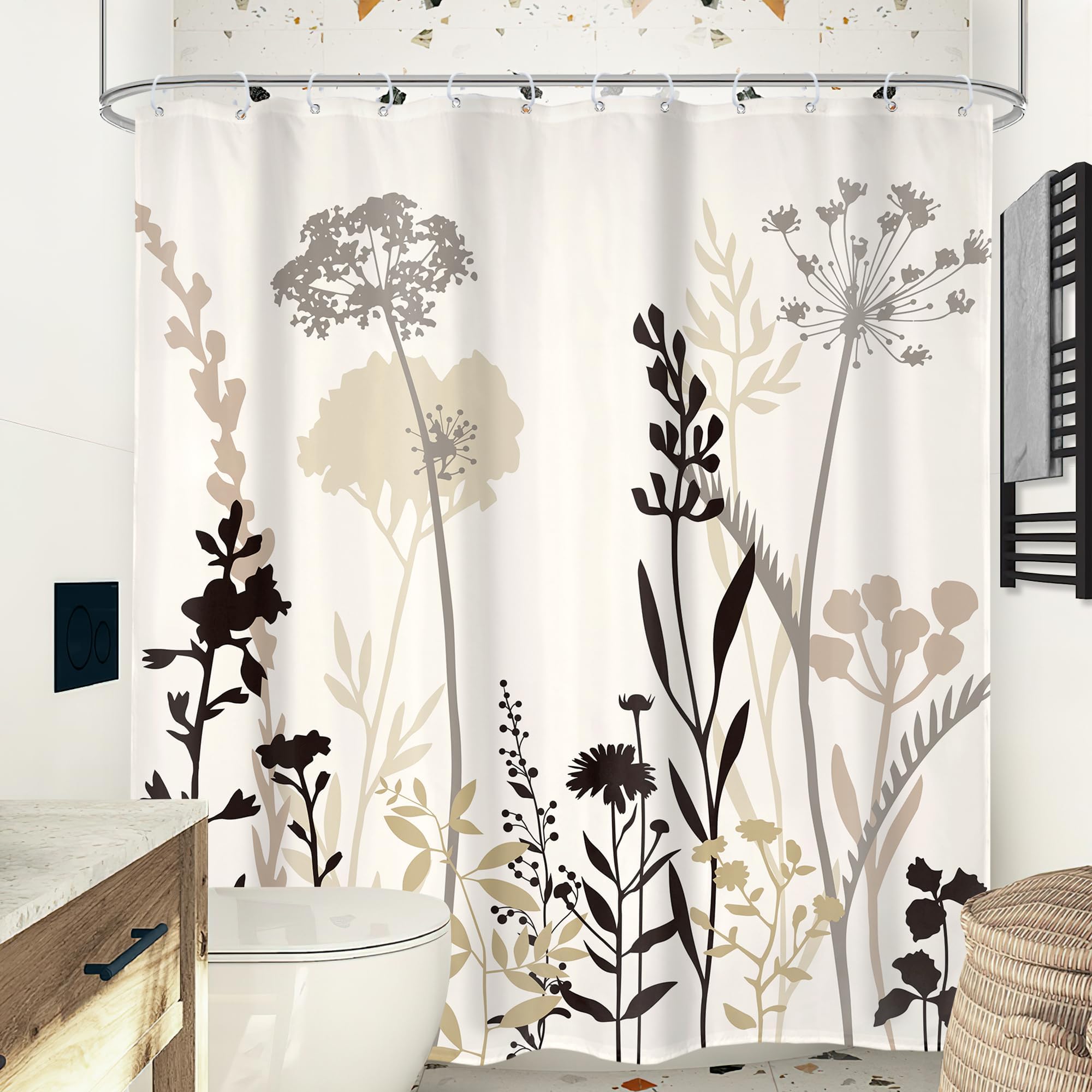 Rideau de Douche Beige, crème, Taupe, Marron, Silhouette Florale, Style bohème Rustique, Feuilles et Plantes Sauvages, Style Vintage, Salle de Bain, 300x200cm(LxH)