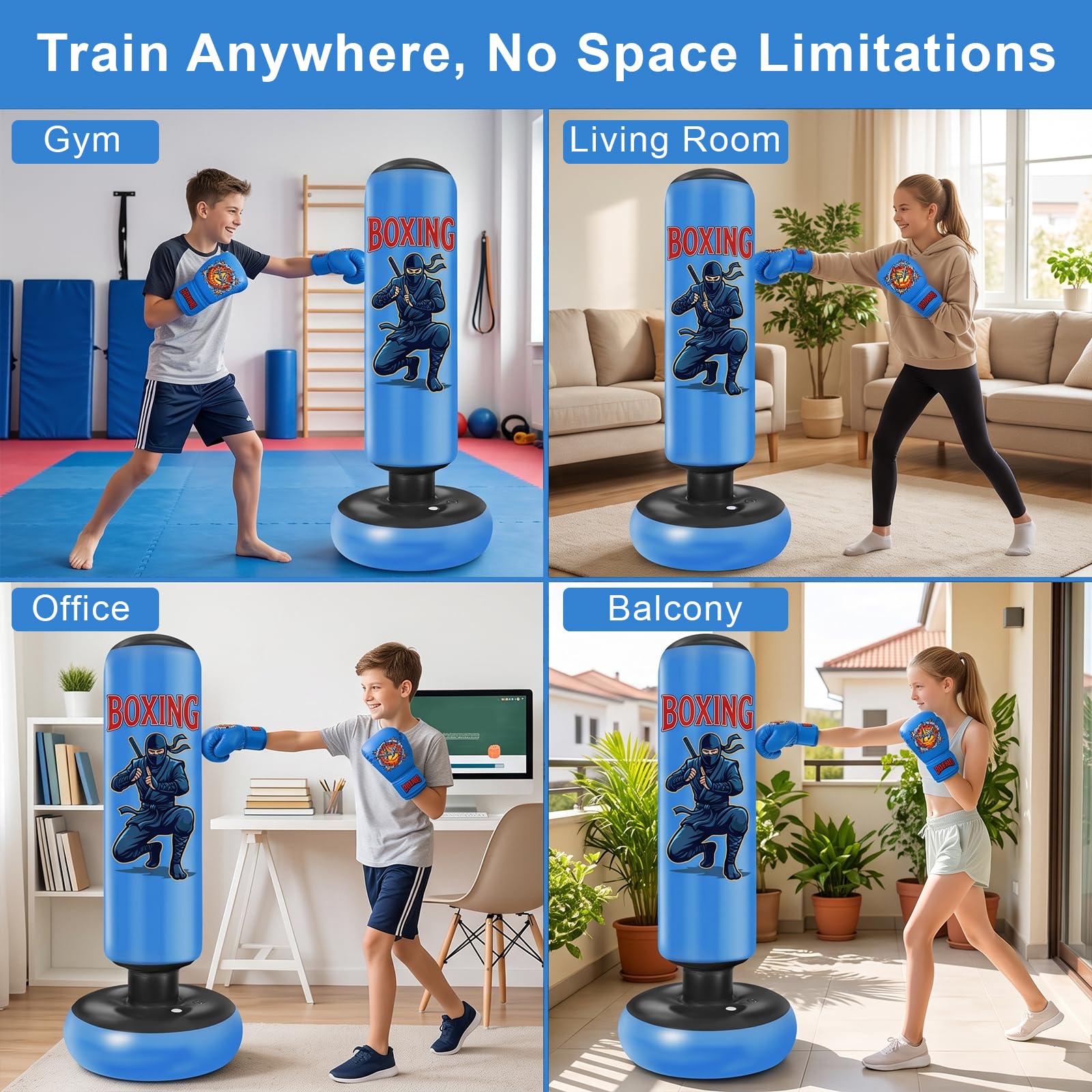 Ninonly Sacco da Boxe 165cm per Bambini Ragazzi con Guanti da Boxe e Pompa | Blu Sacco da Boxe da Terra per Karate MMA Kickboxing Taekwondo Muay Thai, PVC Resistente Punchball per Allenamento a Casa