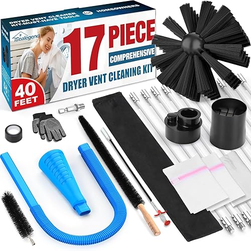 Sealegend Kit limpiador de ventilación de secadora de 17 piezas, omnidireccional, incluye cepillo de ventilación de secadora de 40 pies, accesorio