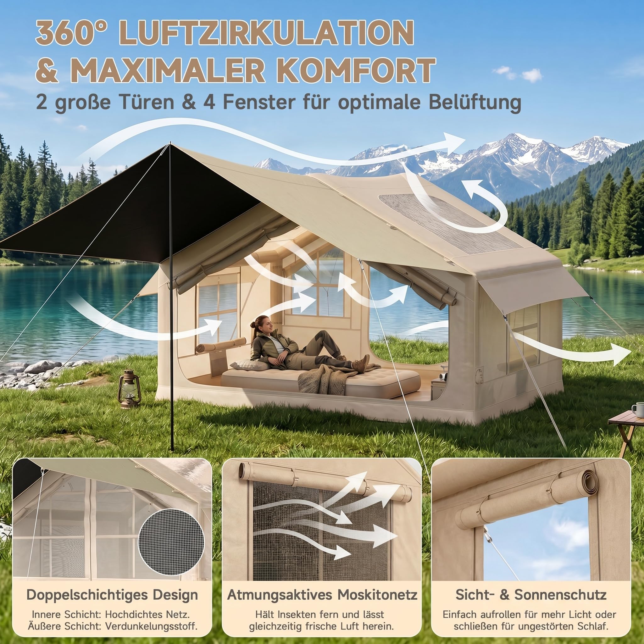 HAUSPROFI Luftzelt Aufblasbares Zelt 3-4 Personen, 6,3m² Glamping Hauszelt mit Vorzelt & Kaminöffnung, 200cm Stehhöhe, 420D Oxford Wasserdichtes Familienzelt für Camping Outdoor, Inkl. Pumpe