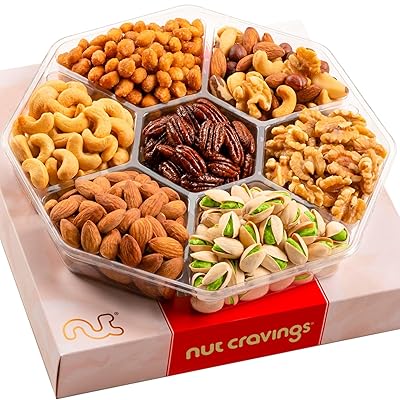 NUT CRAVINGS - Holiday Christmas Mixed Nuts Gift Basket in Red Gold Box (7 Assortments, 1 LB) Xmas Treats for Adults, Food Arrangement, Healthy Snack Care Package, Kosher