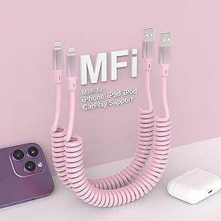 Coiled USB A to Lightning Cable [MFi Certified], Apple Carplay Cable with Data Sync, Coiled iPhone Lightning Cable Pink, 2 Pack