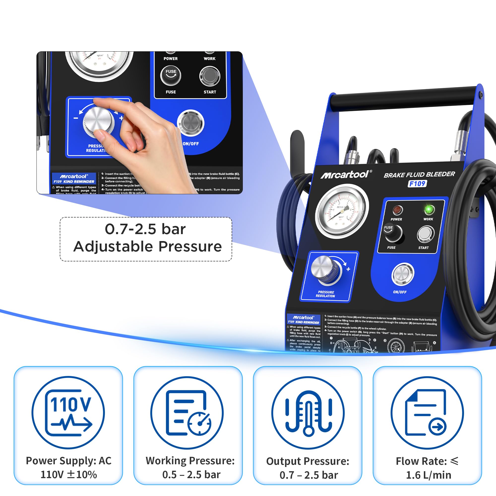 MR CARTOOL F109 samochodowy odpowietrzacz hamulców 220 V, pulsujący automatyczny zestaw odpowietrzający hamulców z 9 adapterami, przepływ 1,6 l/min, 0,5 ~ 2,5 bara, narzędzie do ekstrakcji próżniowej