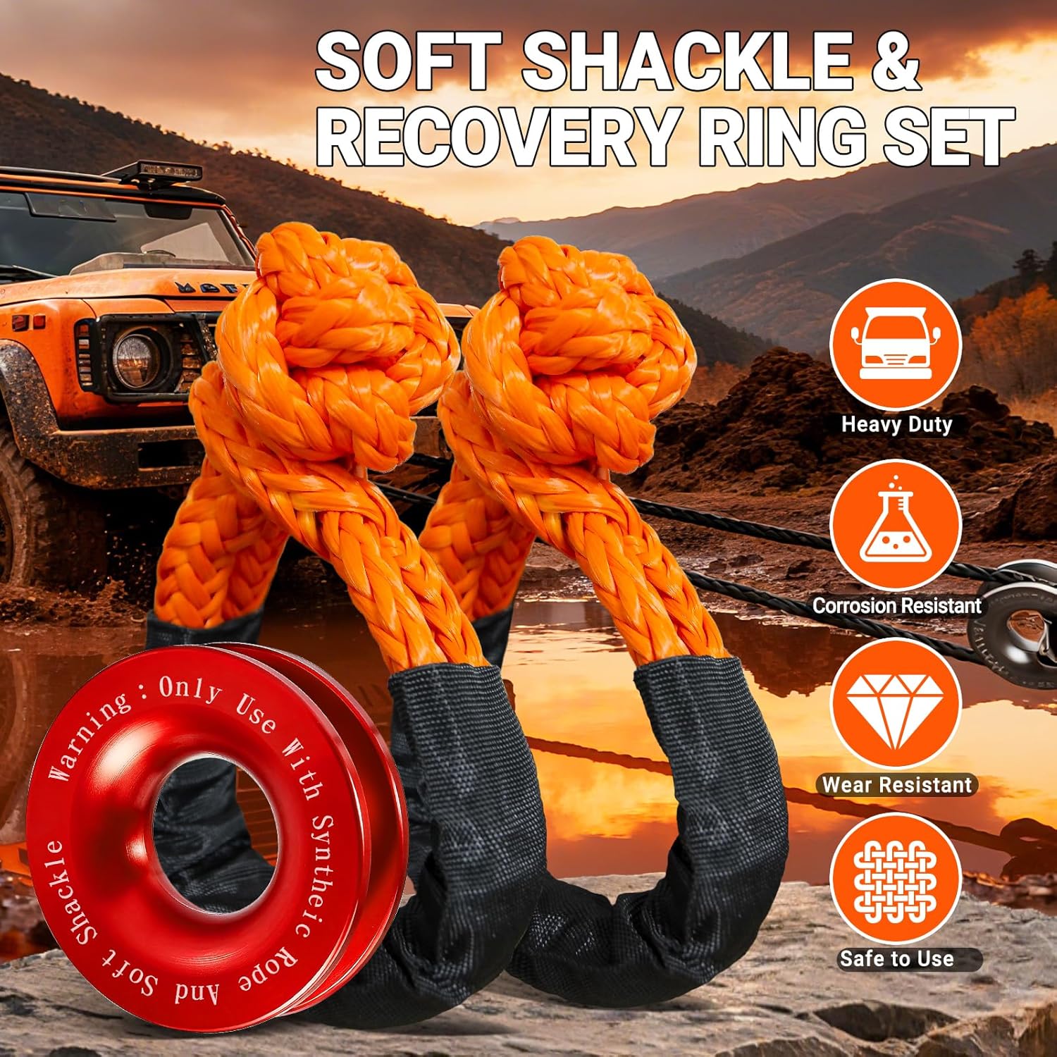 Synthetic Soft Shackle Rope 1/2 x 22 Inch Orange Recovery Tow Shackles with Red Snatch Recovery Ring 56,000lbs Breaking Strength Offroad Soft Shackle Recovery Kit for Off-Road ATV UTV Vehicles