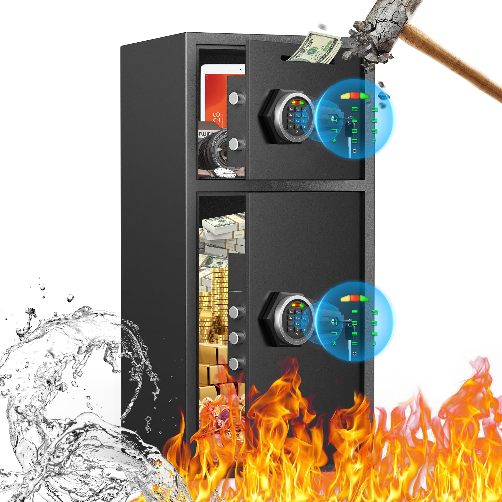 6.5 Cu ft Large Safe Box Fireproof Waterproof, Money Safe With Mute Function and LED Light,Digital Keypad Home Safes with Deposit Slot & Dual Alarm System, Security Box for Money Valuables