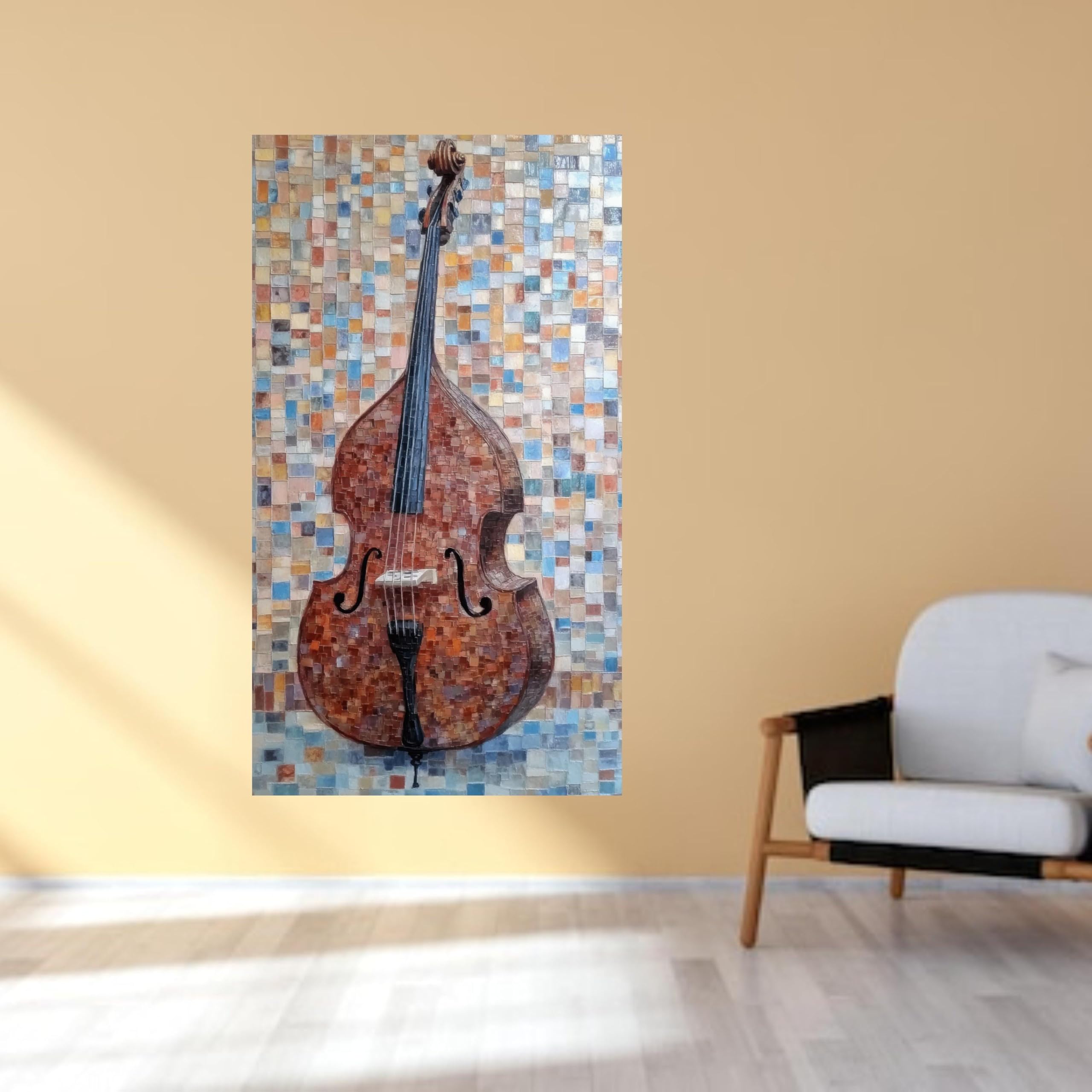 LMYCHENG Vintage kontrabas mozaika płótno instrument muzyczny dekoracja muzyczna dekoracja domu brązowy niebieski plakat gotowy do powieszenia (70 x 130 cm/bez ramki)