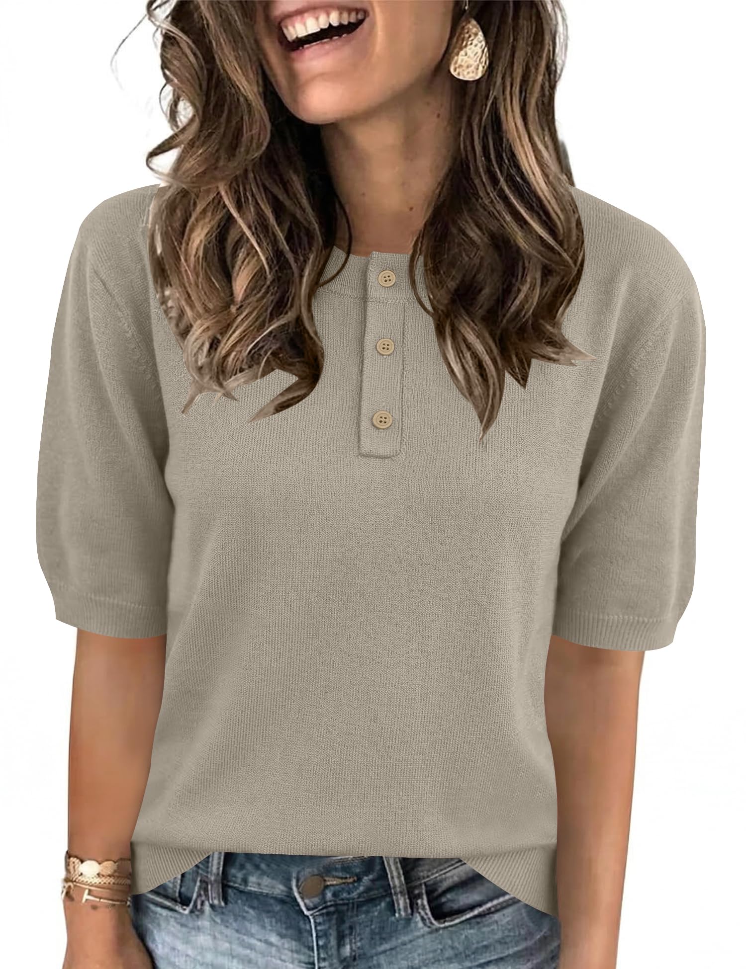 AKEWEI Sweaters for Women Crew Neck Short Sleeve Tops Knit Button Down Shirts Pullover Sweater