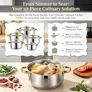 Stainless Steel Pot Set 10Pcs Stackable Cookware with Gold Handles