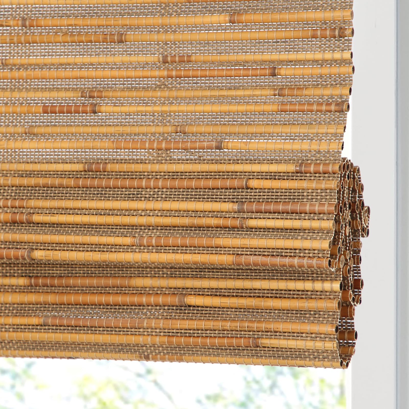 SUAKYBamboo Blinds Cordless Roman Shades, Blackout Window Shade with 6 Inches Valance, Natural 100% Bamboo and Linen Window Blinds for Windows, Color SW66-03