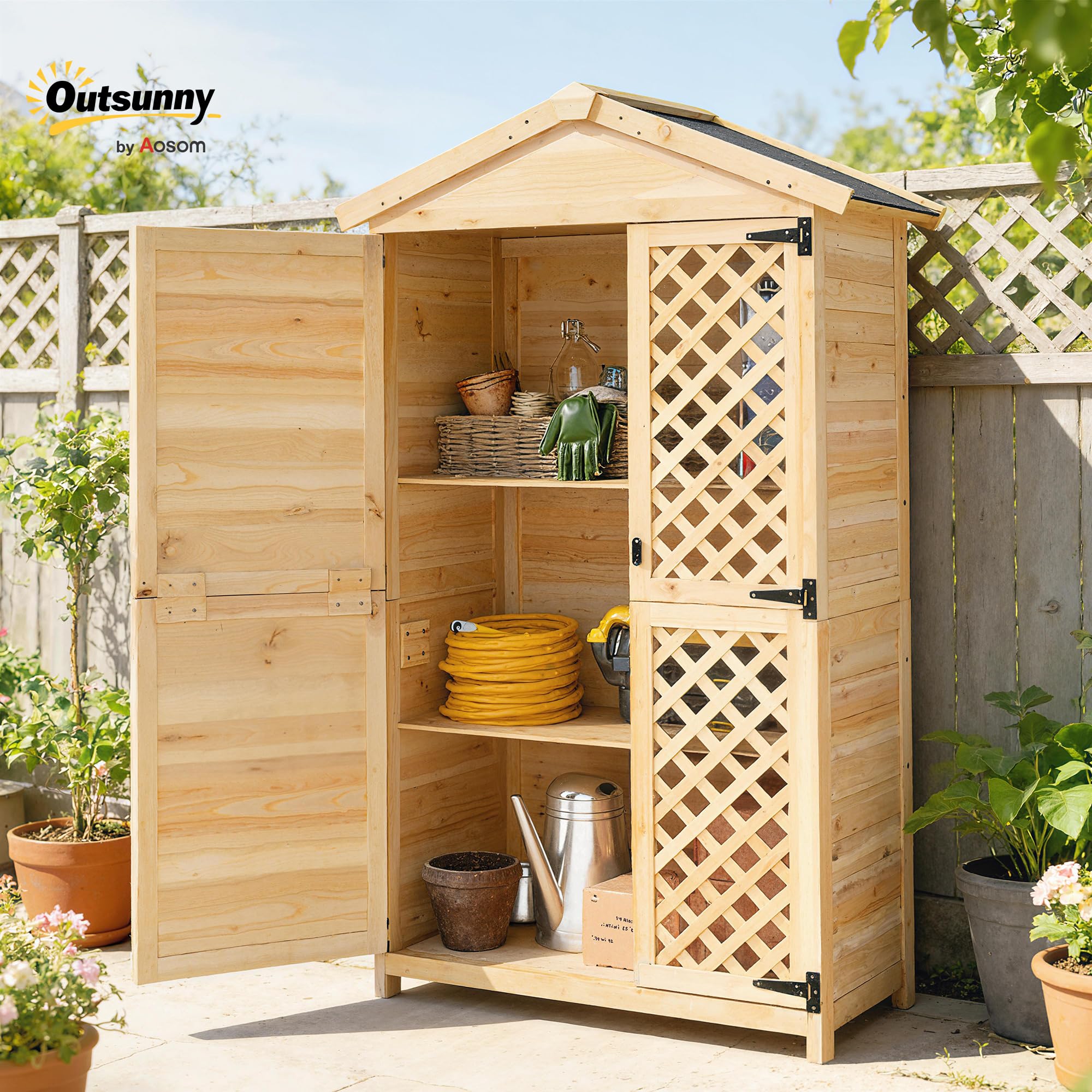 Outsunny Armario de Exterior de Madera Caseta Jardín Exterior con Techo de Asfalto 2 Puertas Ventiladas con Pestillo 2 Estantes Extraíbles Cobertizo de Jardín para Almacenaje Herramientas Natural